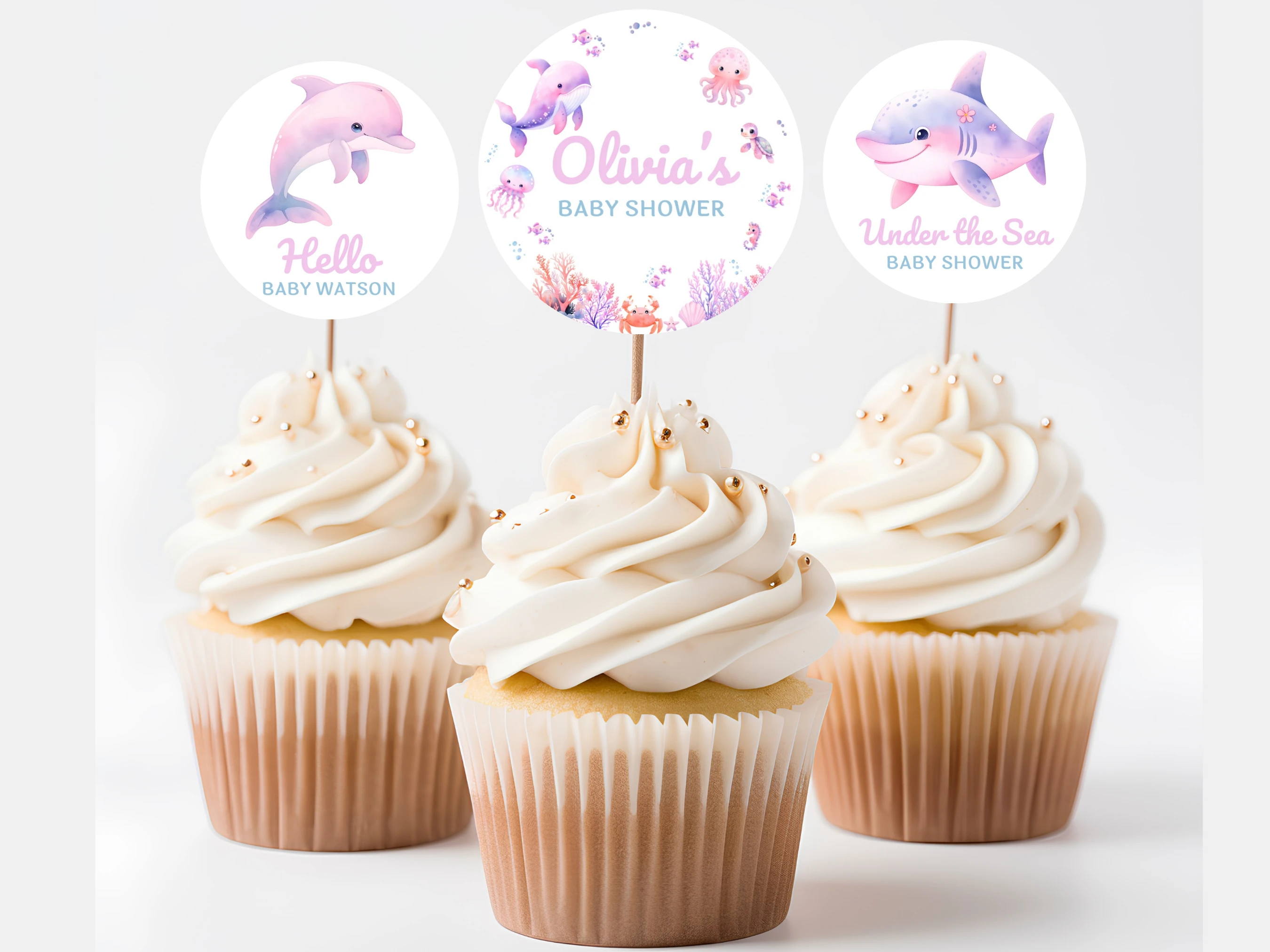 under the sea baby shower cupcake toppers ocean animals pink baby girl decor canva template digital download, ocean animals baby shower cupcake topper under the sea pink baby girl decorations canva template
