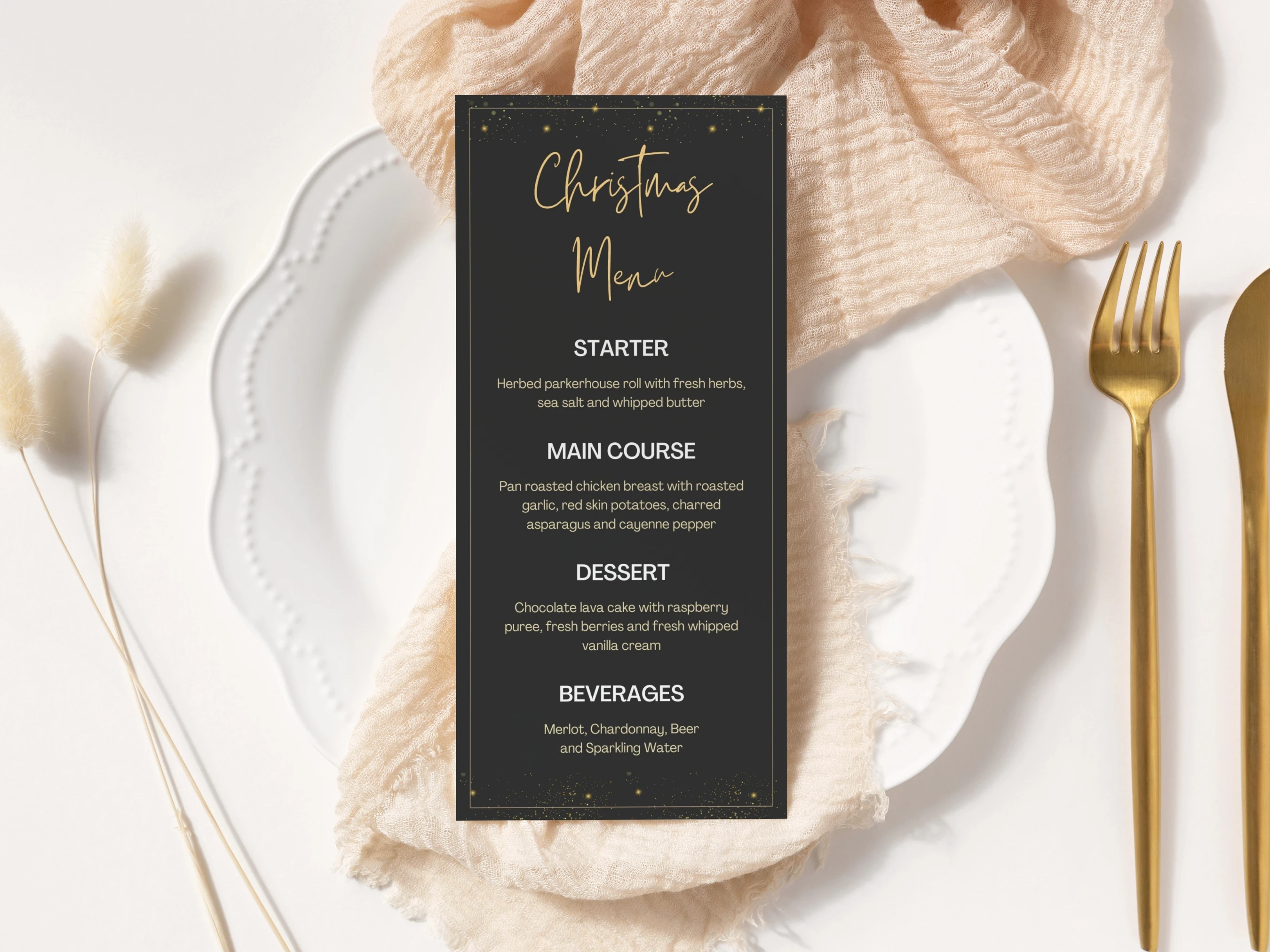 Elegant black and gold Christmas menu template displayed on a holiday dinner table, editable Canva menu card design for Christmas dinner parties, 4x9 inch digital download template