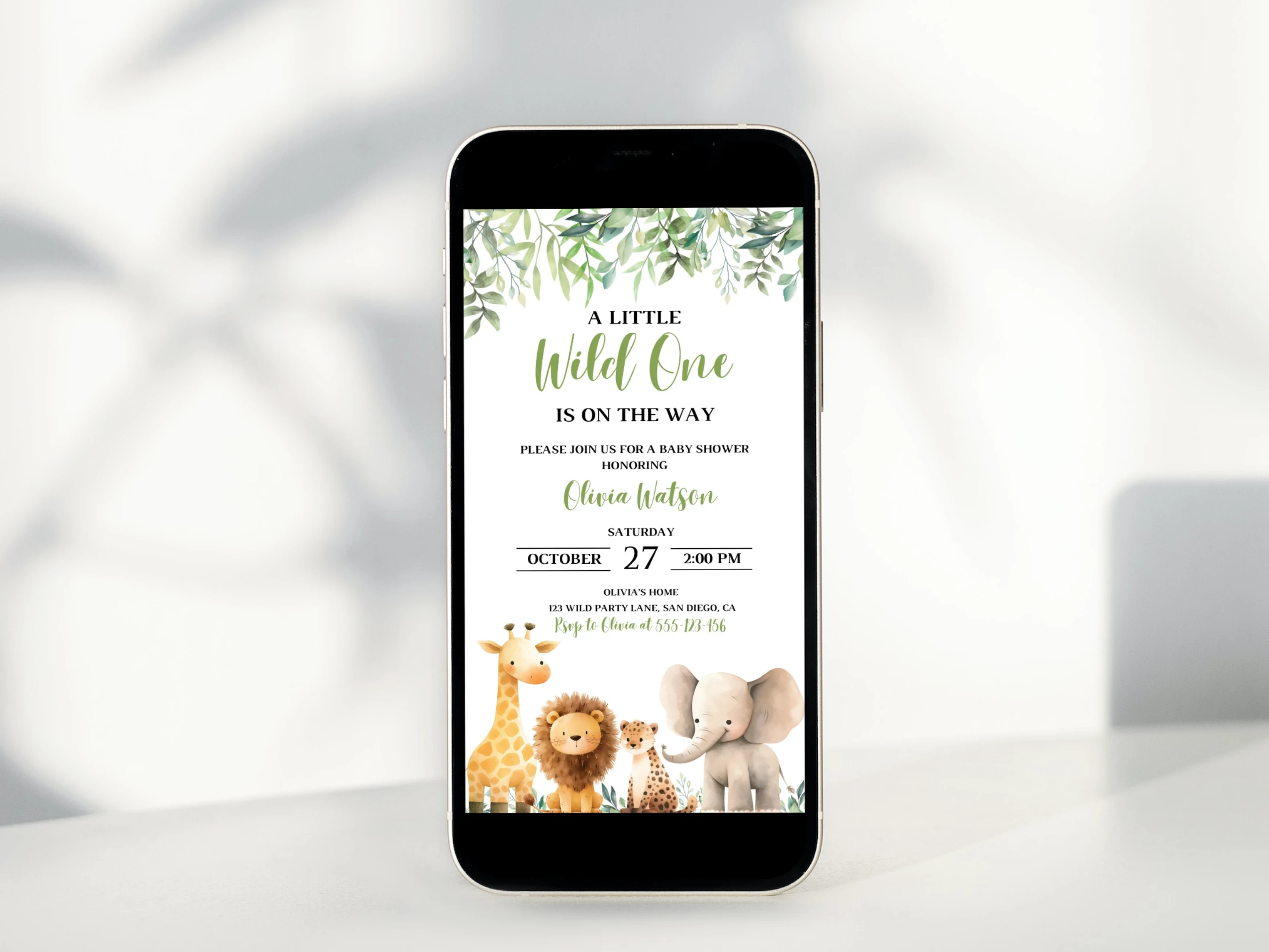 safari baby shower mobile invitation, jungle theme baby shower digital invite, wild one baby shower invitation template, printable baby shower invite, editable baby shower invitation Canva