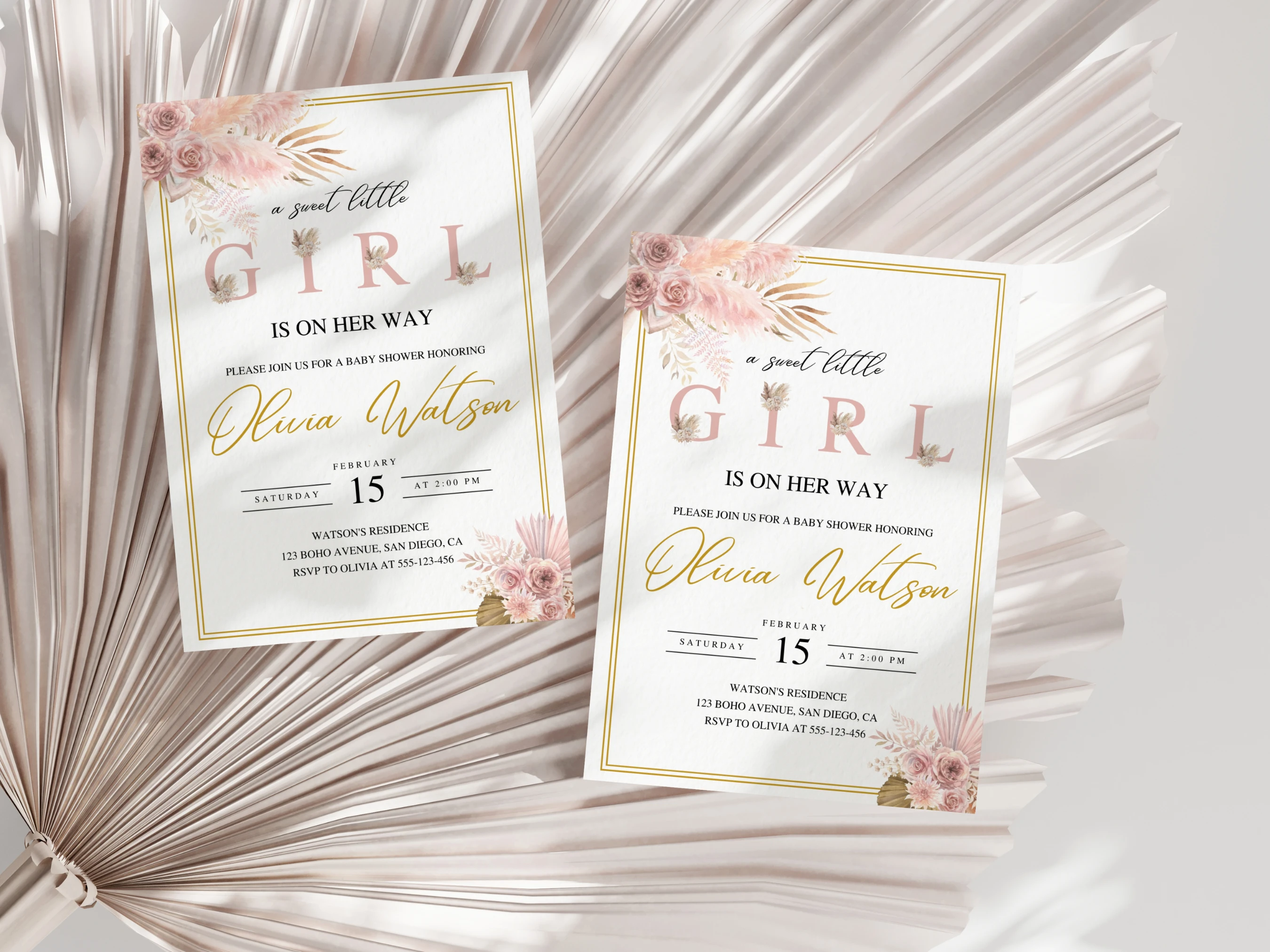 Boho Baby Shower Invitation | Pampas Grass Rose Gold Baby Shower Invitation | Flower Baby Shower Party | Editable Canva Template | Digital Download