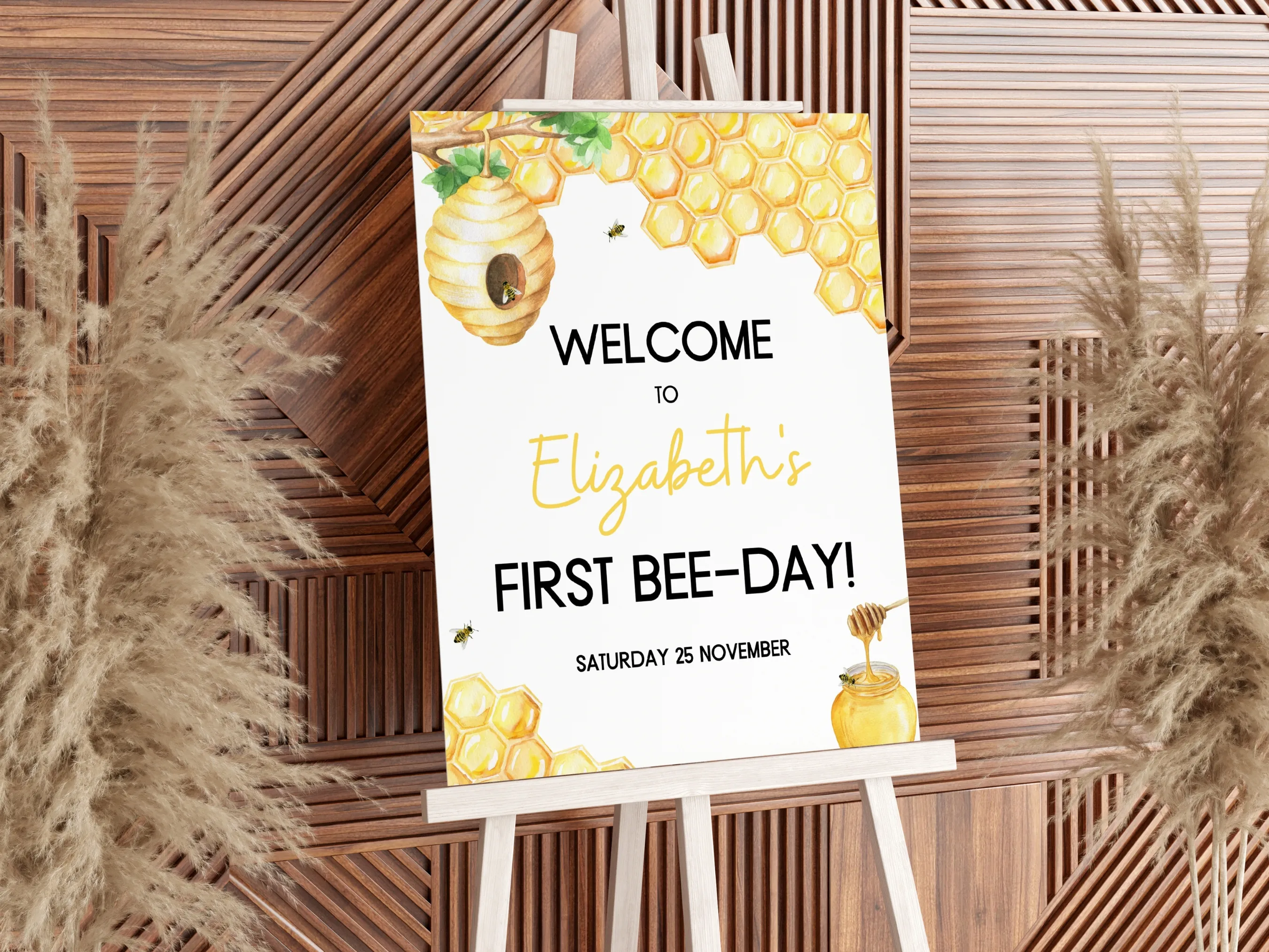 First Bee Day birthday welcome sign with honey bee theme, yellow bee party design, editable Canva template by fllcdesigns