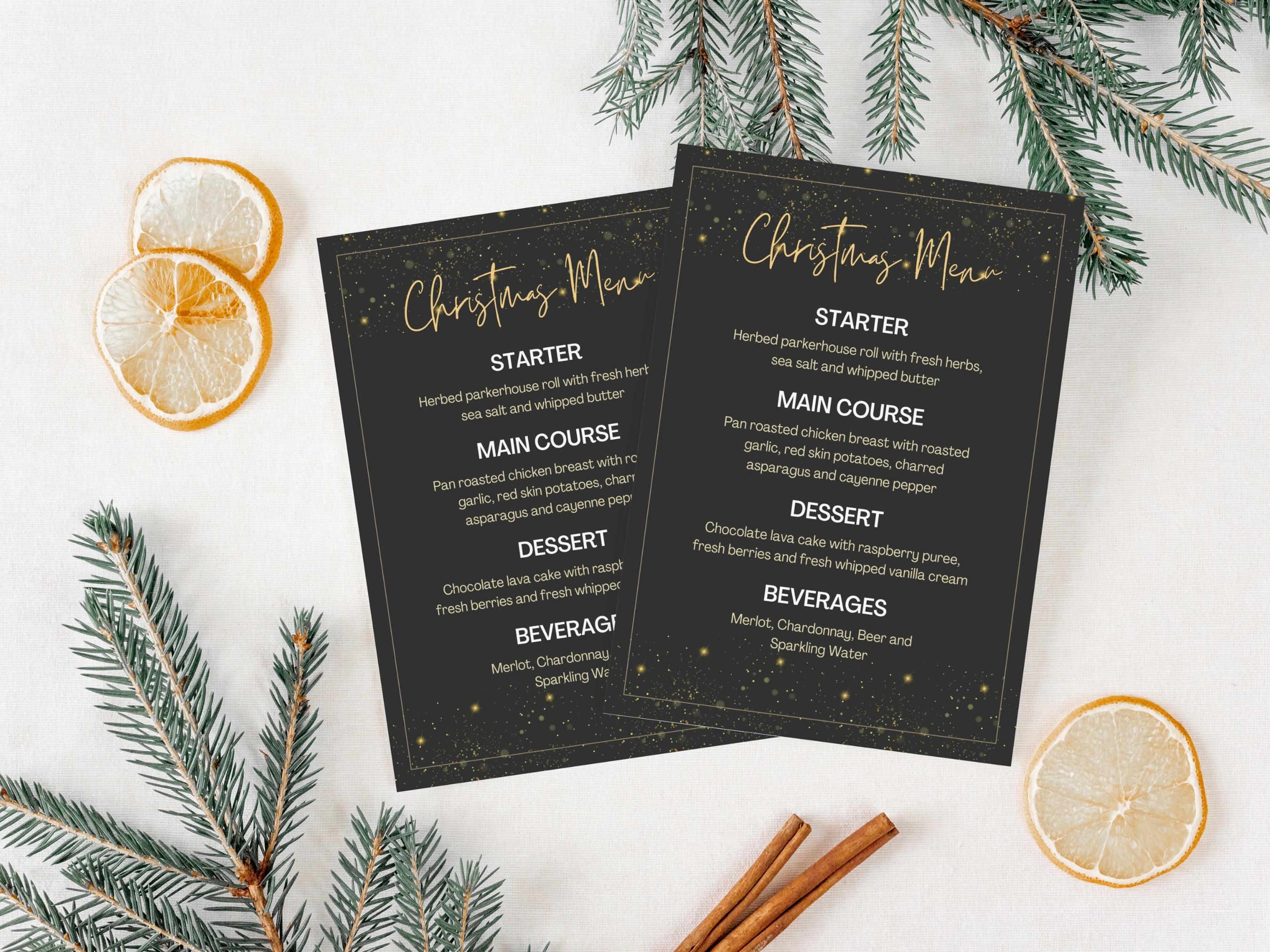 Christmas Menu Template | Elegant Black and Gold Holiday Table Decor | Editable Canva Template | Digital Download