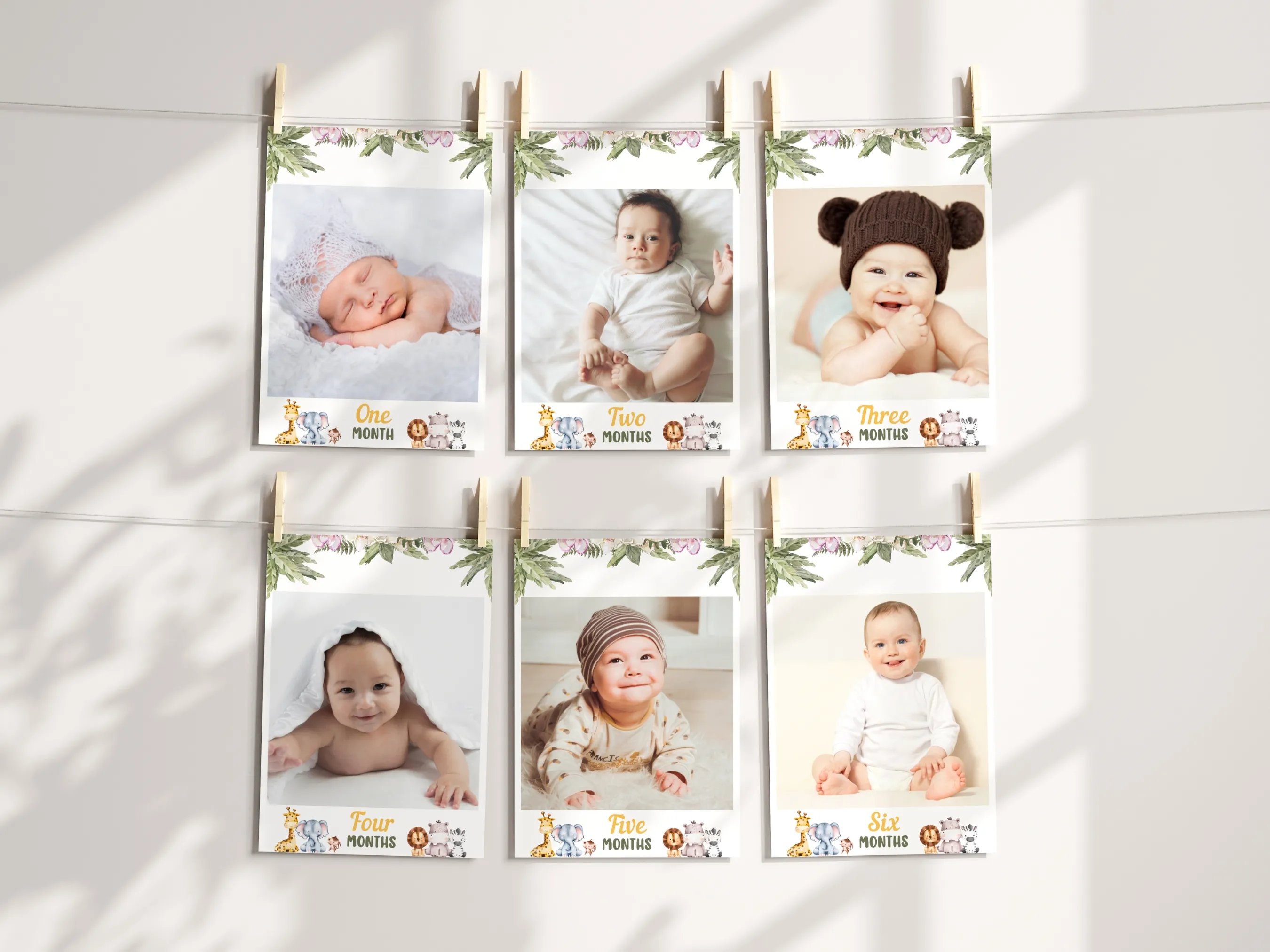 Safari baby milestone cards with Wild One birthday photo banner theme, editable Canva template for personalized jungle decorations, digital download.