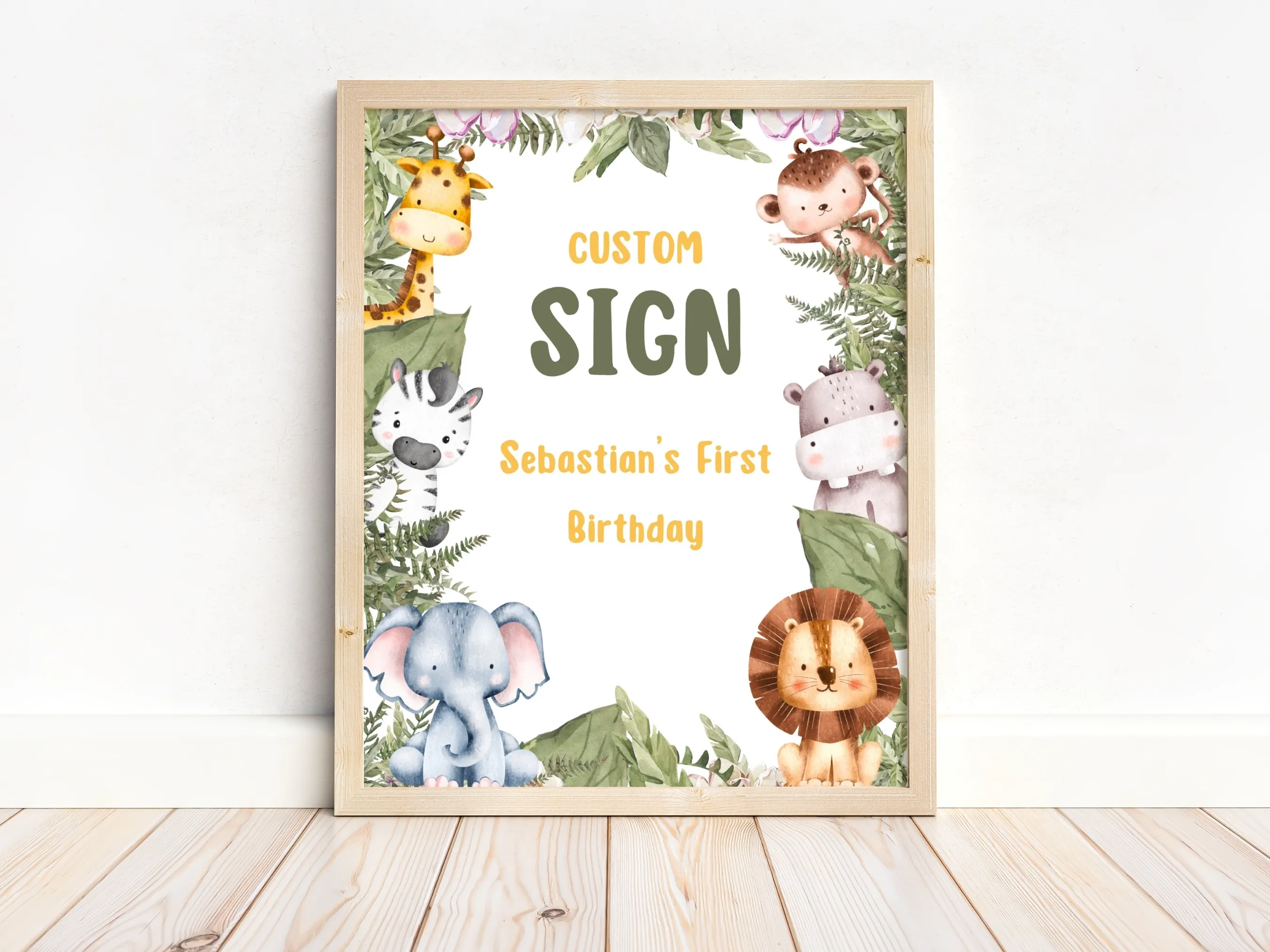 Wild One birthday cards and gifts sign with safari jungle theme, customizable gift table and cookie table sign, editable Canva template by fllcdesigns