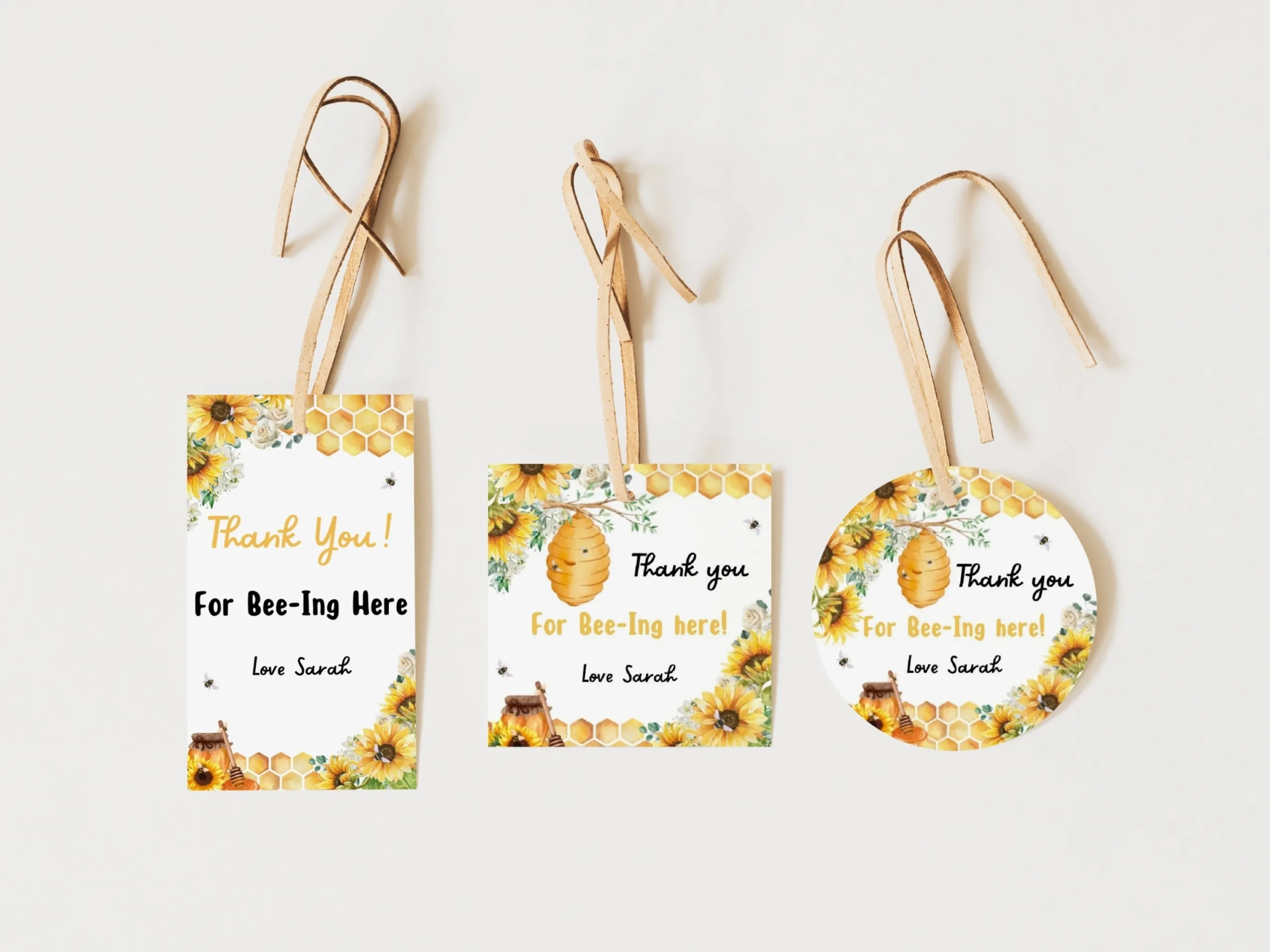 First Bee Day birthday thank you tags with bumble bee and sunflower design, cute yellow party favor labels, editable Canva template by fllcdesigns