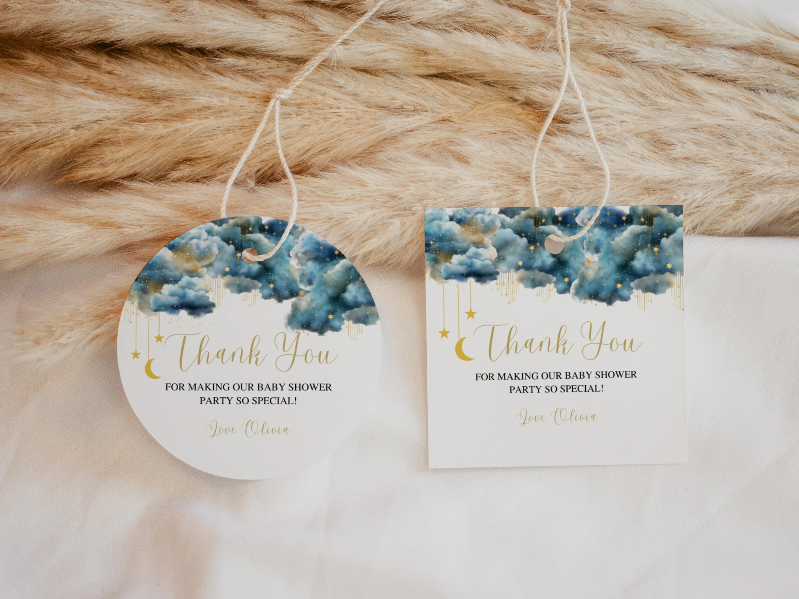 Twinkle Little Star Baby Shower Thank You Tags |  Over The Moon Blue And Gold Favor Tags | Editable Canva Template | Digital Download