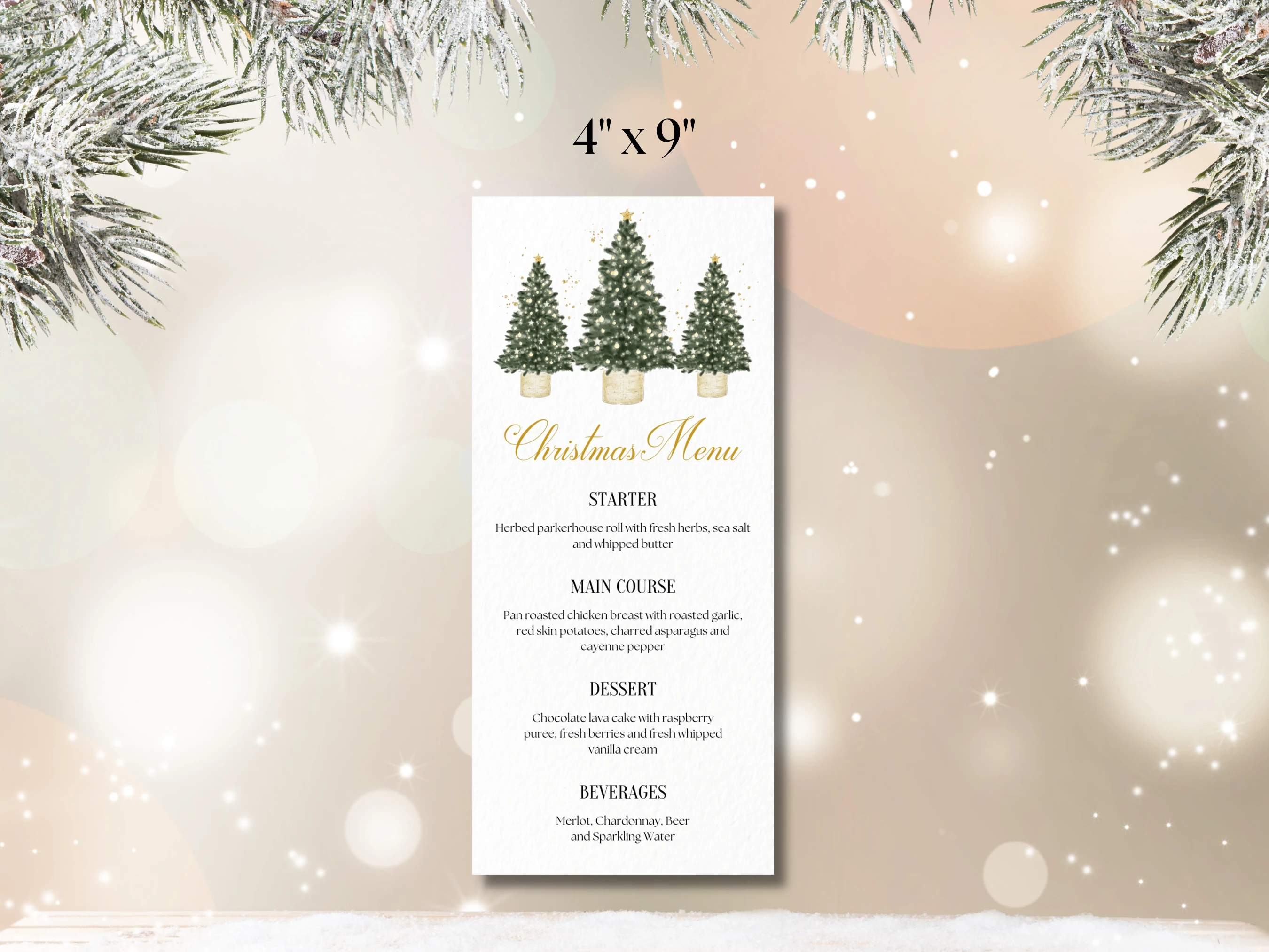 Green & Gold Christmas Tree Dinner Menu | 4x9 Holiday Table Card | Editable Canva Template | Digital Download