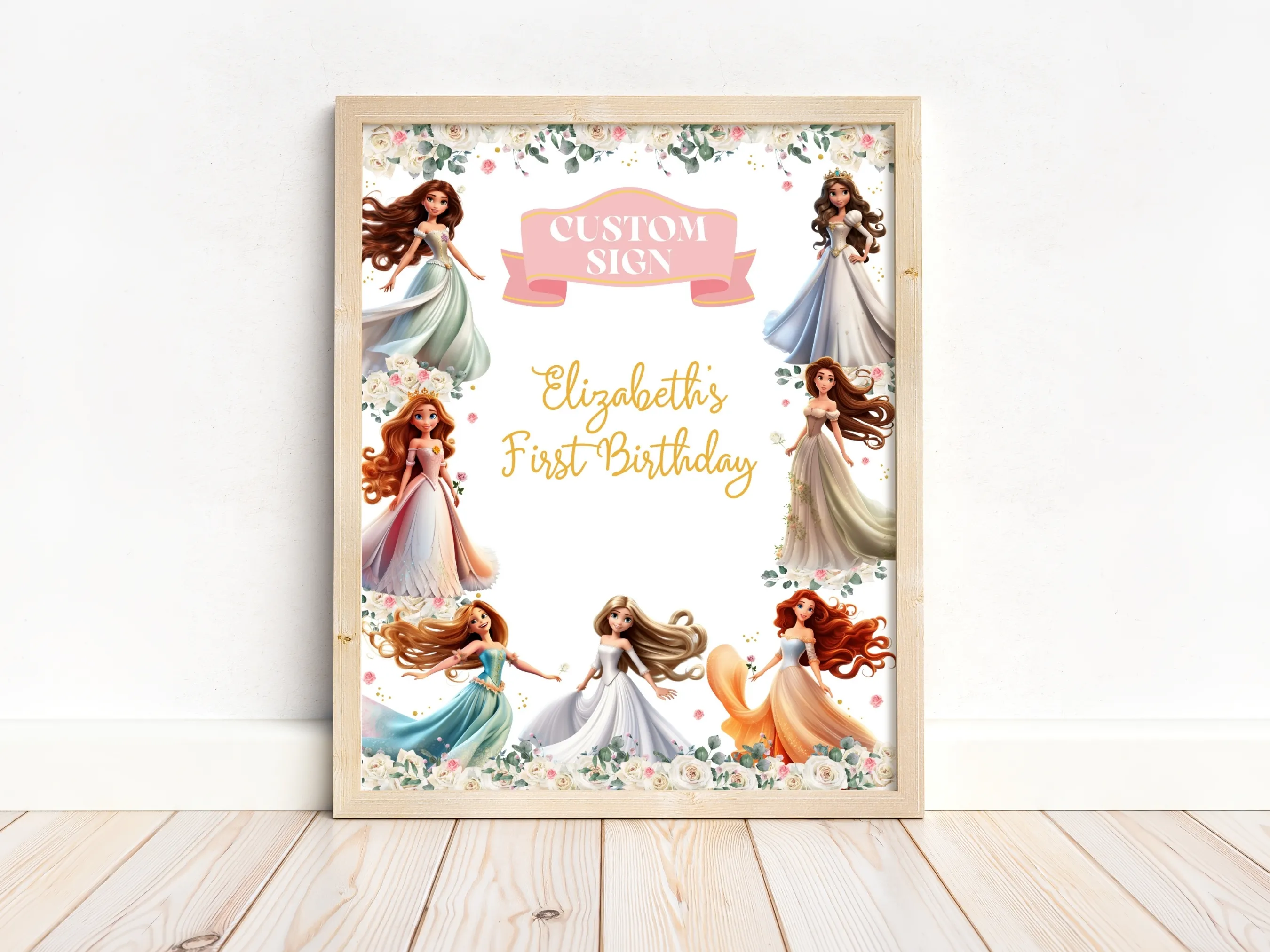 Princess party custom birthday sign with royal theme, customizable cards and gifts or gift table sign, editable Canva template by fllcdesigns