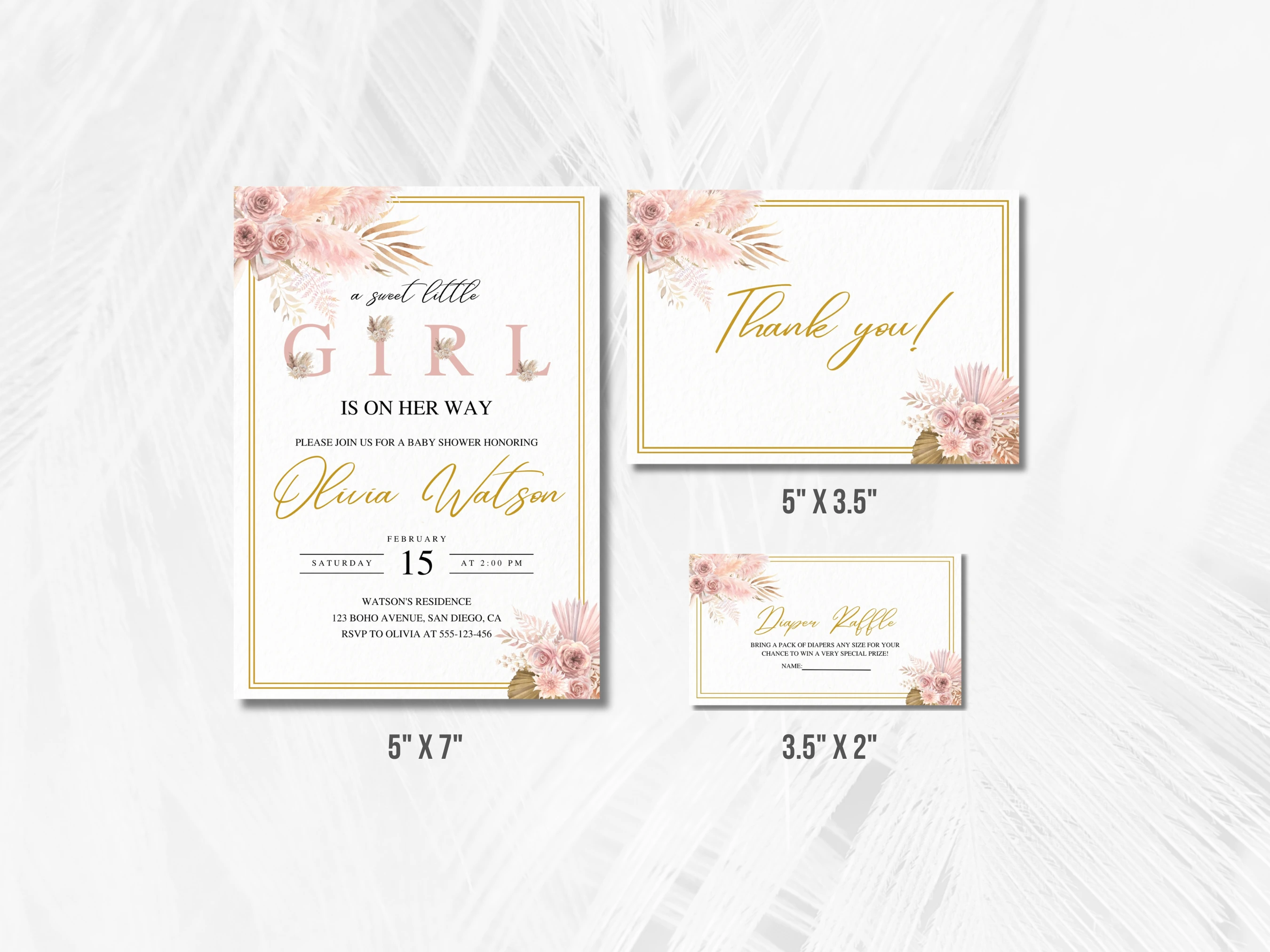 Boho Baby Shower Invitation Set | Pampas Grass Rose Gold Starter Pack For Baby Girl | Editable Canva Template | Digital Download