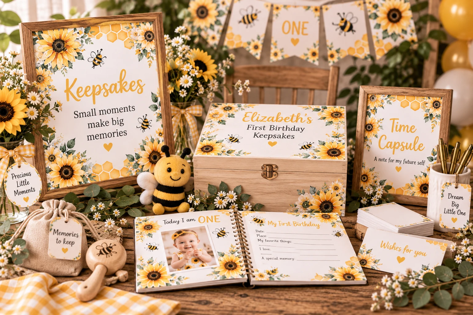 Sunflower and bee first birthday keepsake display with memory book, time capsule, message cards and first-year memories