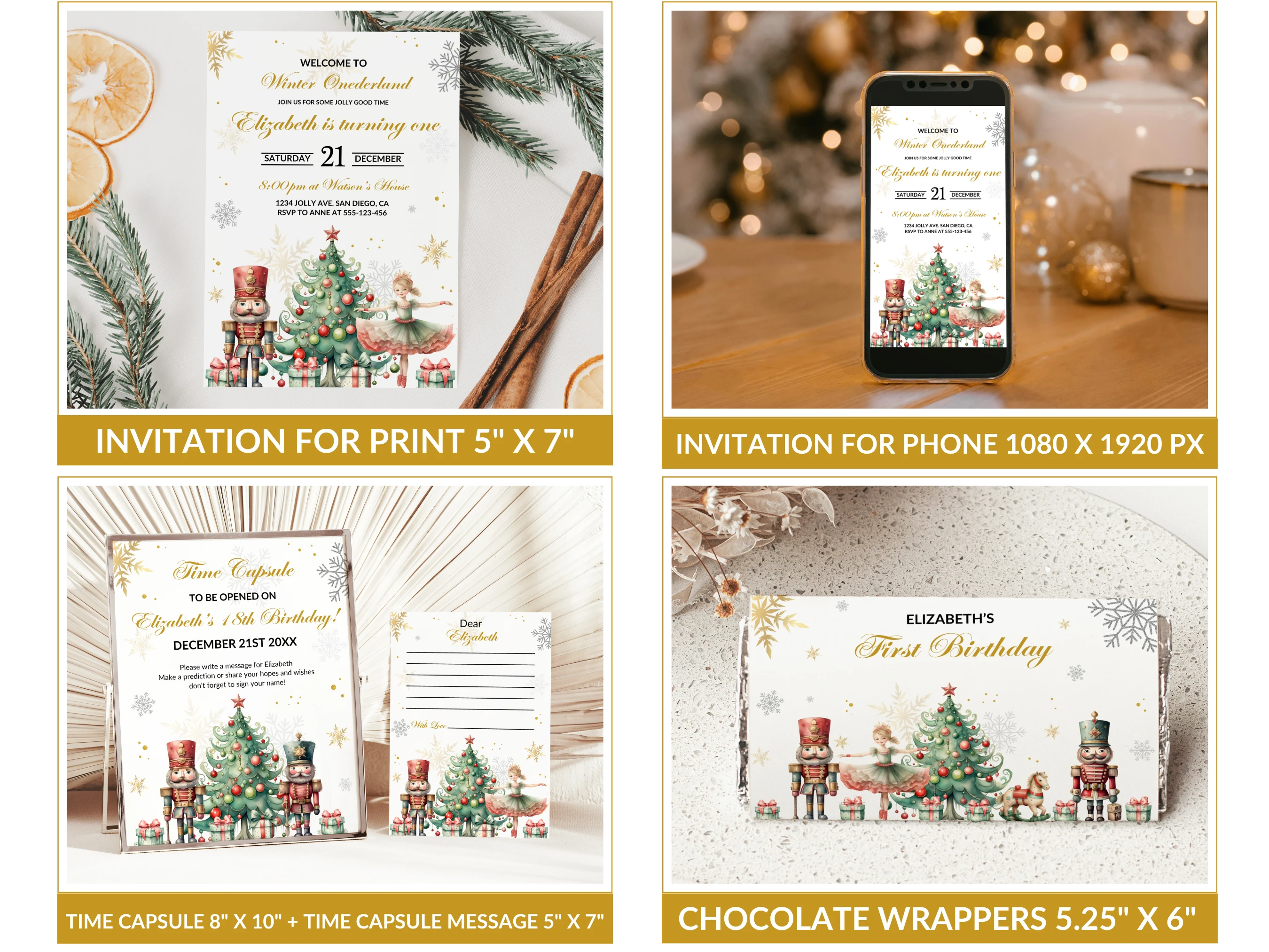 Nutcracker Winter Wonderland Birthday Bundle | First Birthday Party Decor | Editable Canva Template | Digital Download