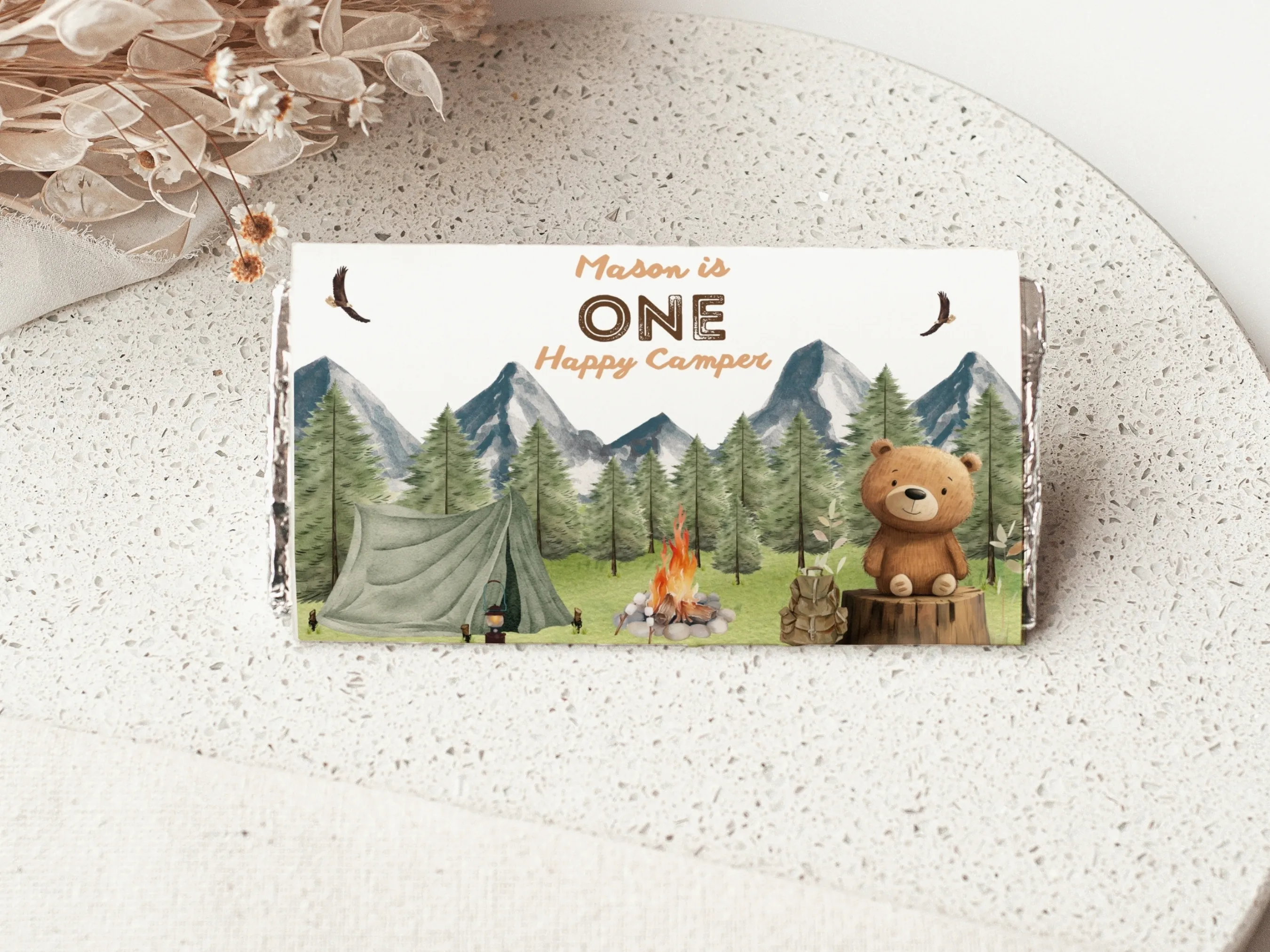One Happy Camper woodland chocolate wrappers with camping theme, matching candy wrappers, editable Canva candy bar labels by fllcdesigns