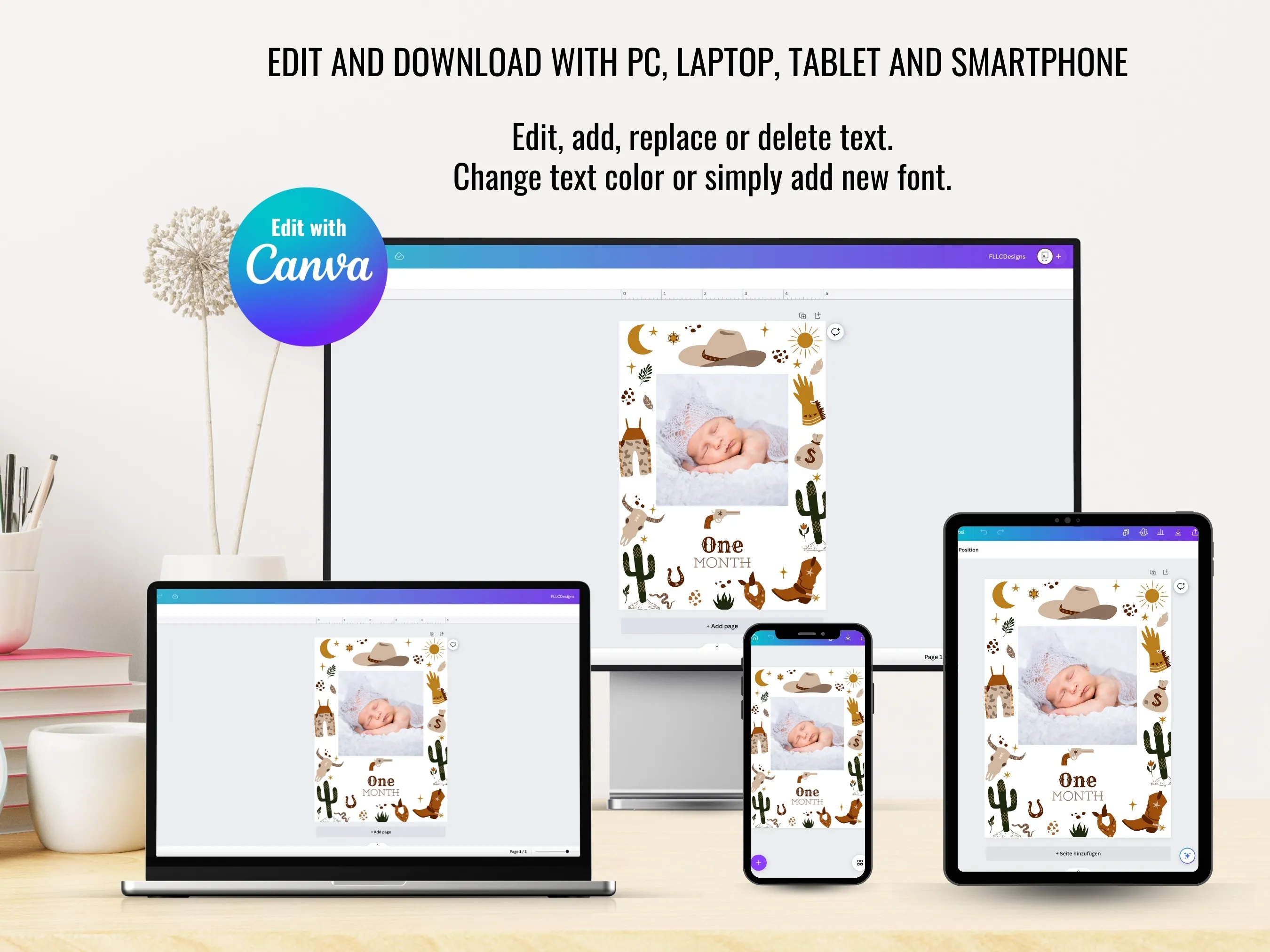 My First Rodeo Birthday Photo Banner | Cowboy 1st Birthday Milestone Cards | Editable Canva Template | Digital Download