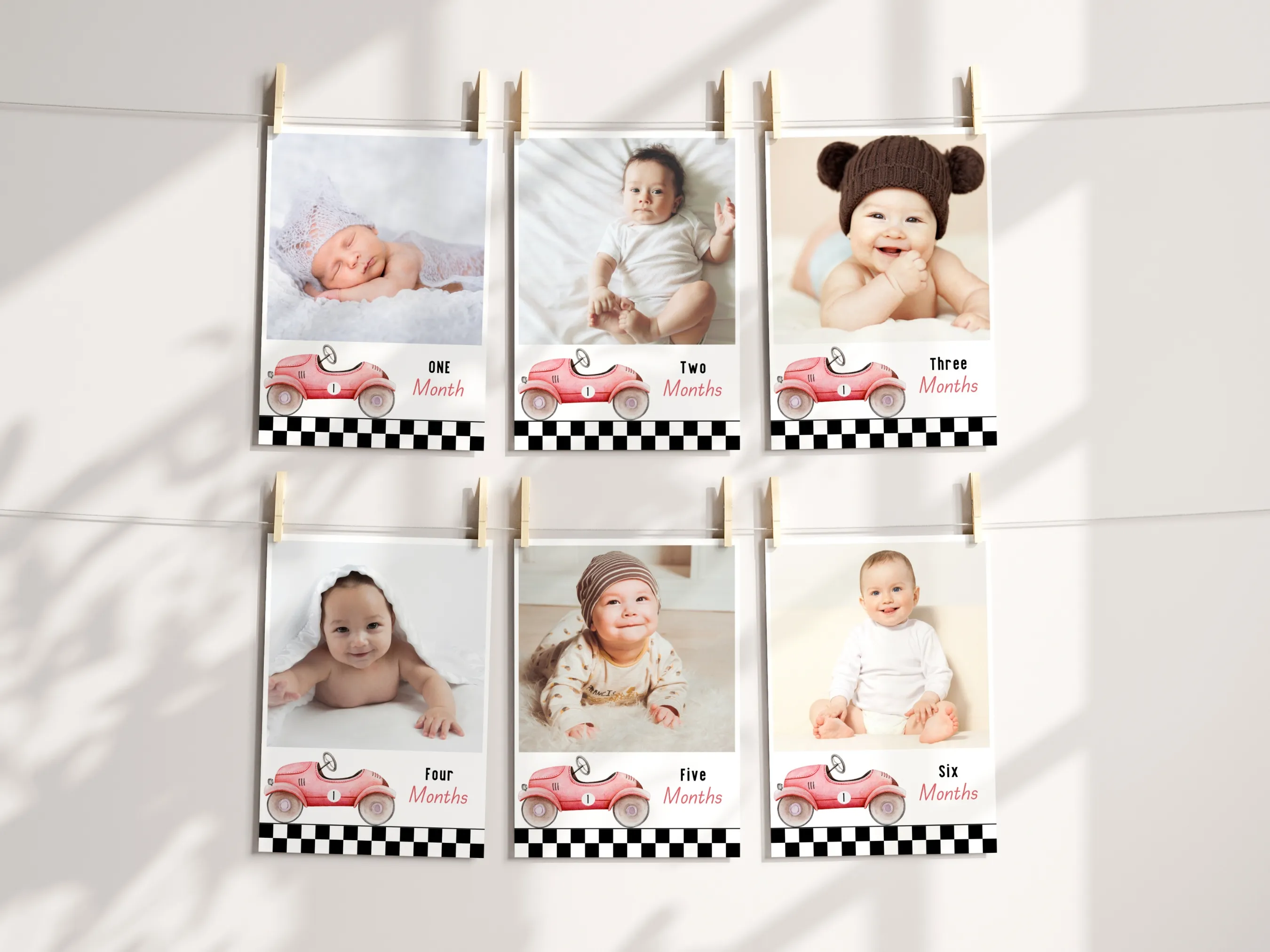 Fast One birthday photo banner with red race car milestone banner theme, editable Canva template for personalized racing birthday decorations, digital download.