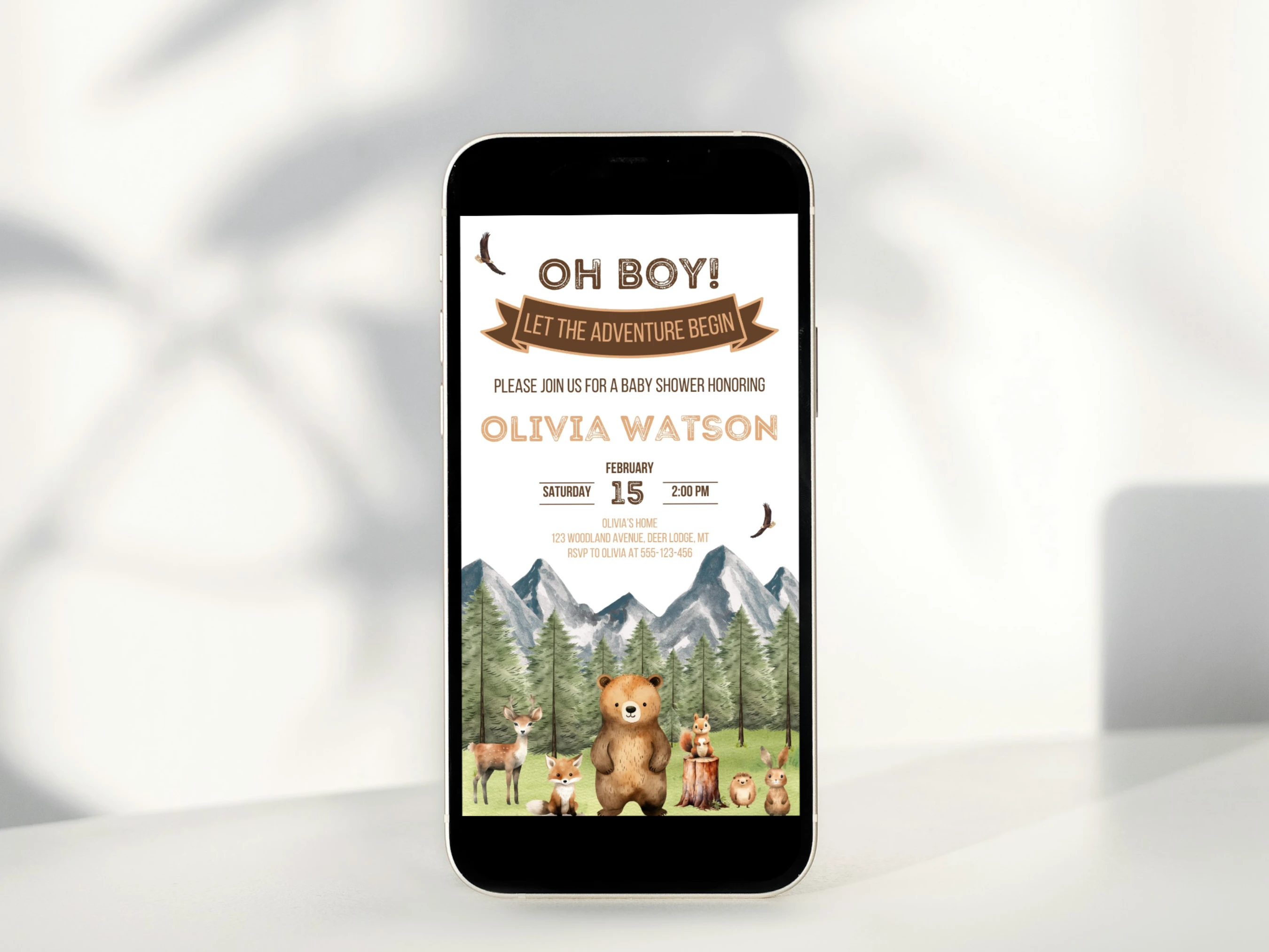 woodland baby shower mobile invitation, let the adventure begin baby shower digital invite, forest animals baby shower invitation template, printable baby shower invite, editable baby shower invitation Canva