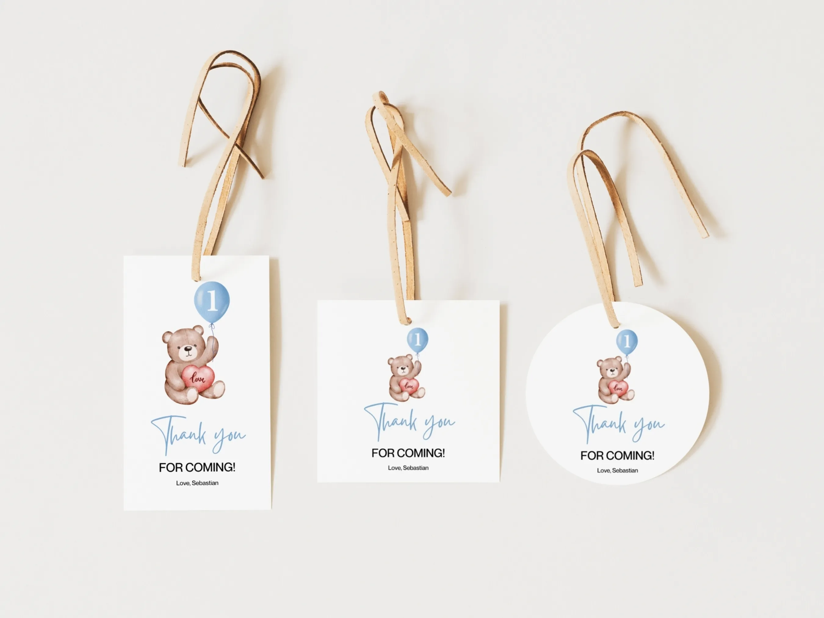 Teddy bear 1st birthday thank you tags with cute brown bear design, printable party favor labels, editable Canva template by fllcdesigns