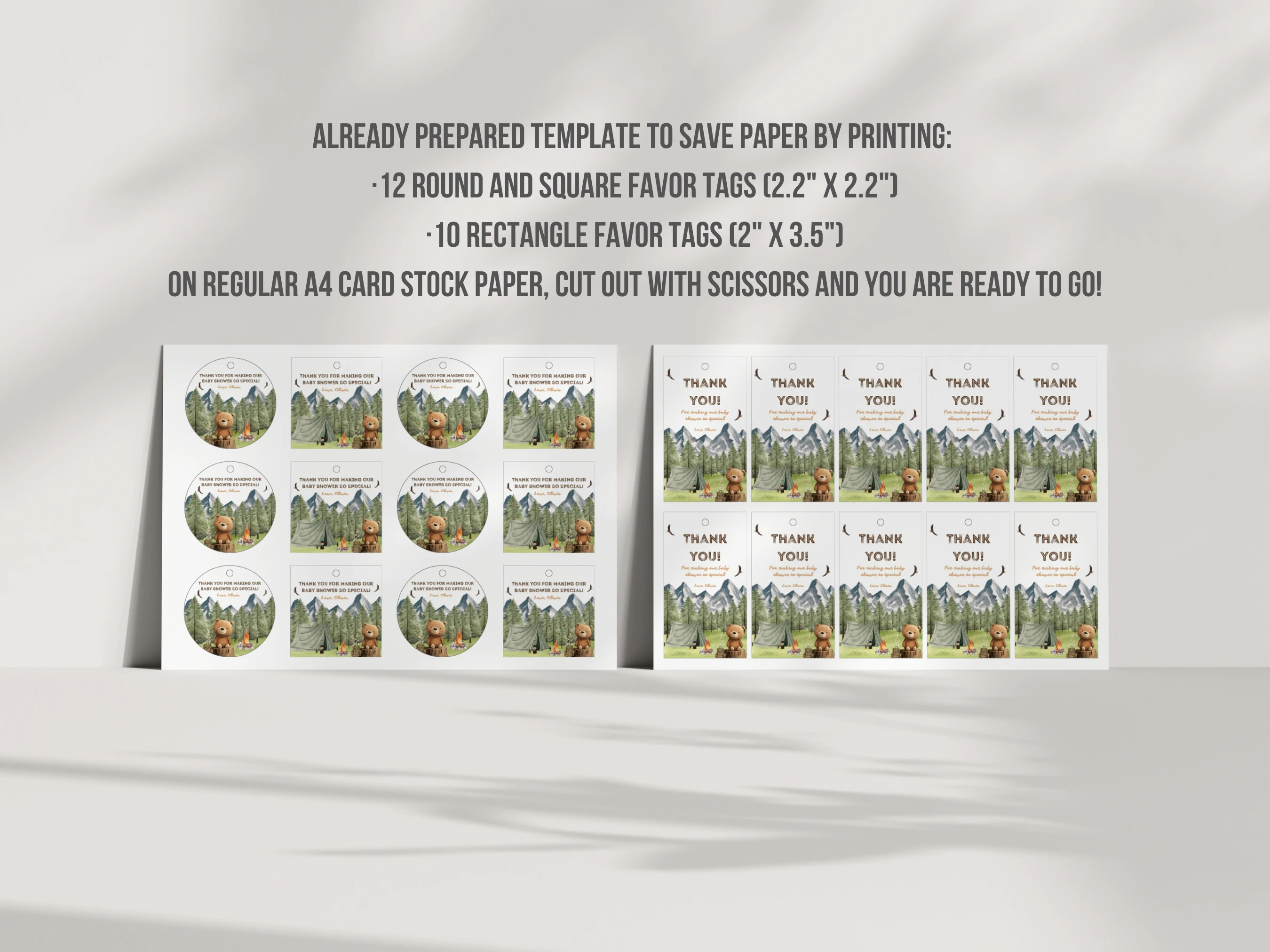 Little Camper Baby Shower Thank You Tags | Adventure Awaits Woodland Bear Favor Tags | Editable Canva Template | Digital Download