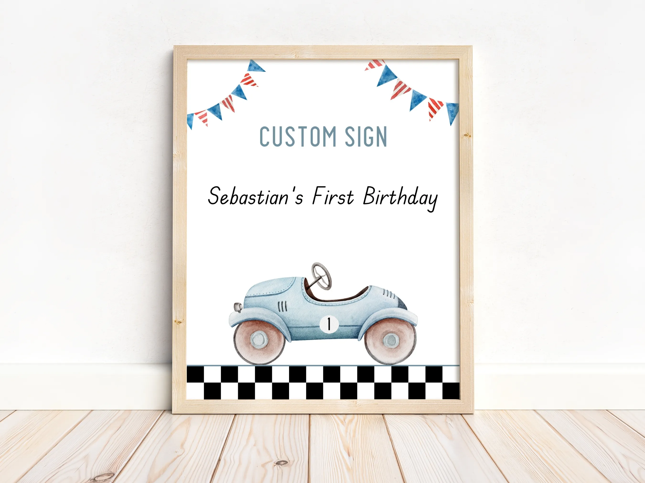Fast One custom birthday sign with blue vintage race car theme, customizable cards and gifts or gift table sign, editable Canva template by fllcdesigns