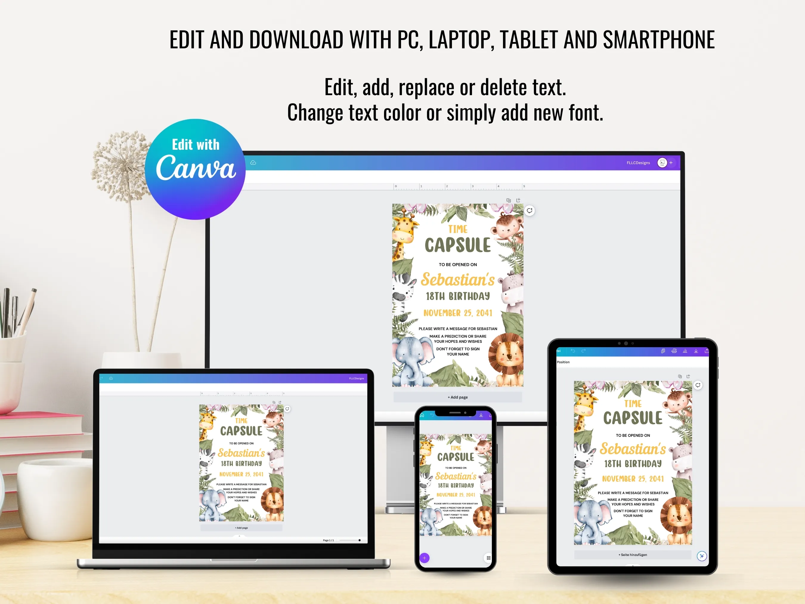 Wild One Birthday Time Capsule Sign & Wishes Card | Safari Animals Birthday Guest Book | Editable Canva Template | Digital Download