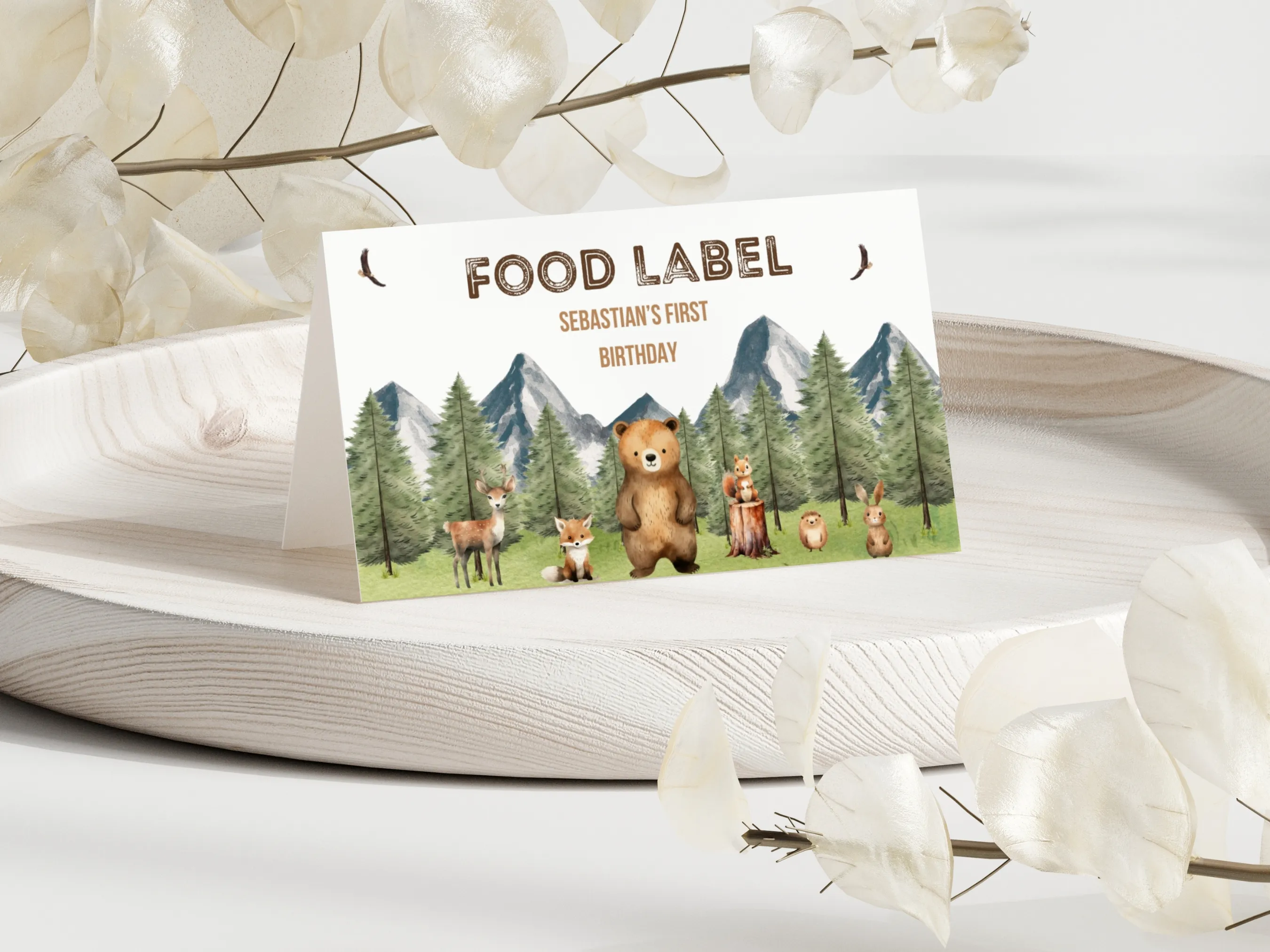Woodland Wild One birthday food tent cards with forest animal theme, editable name tags and table labels by fllcdesigns