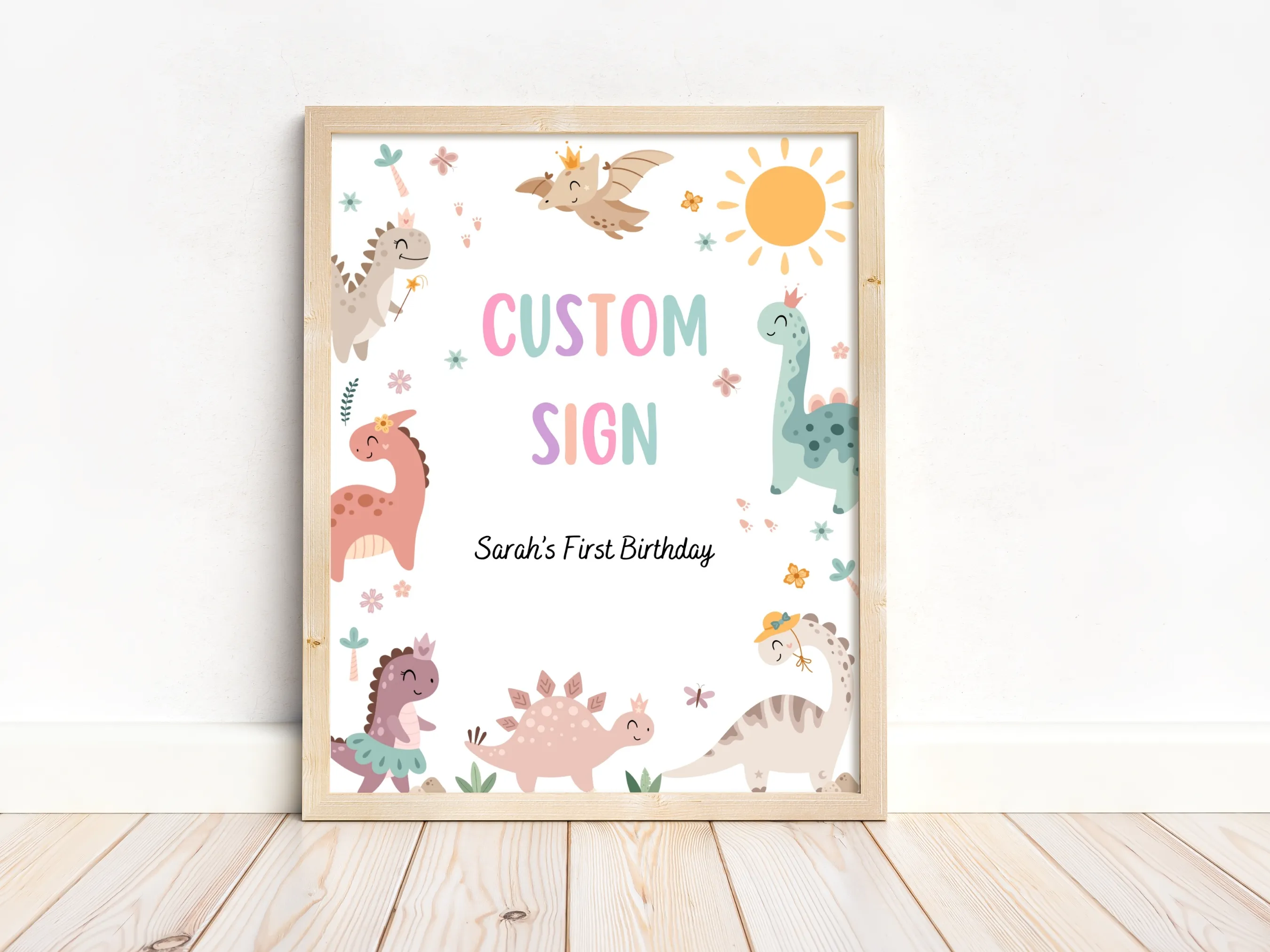 Baby girl dinosaur cards and gifts sign with cute dinosaur theme, customizable gift table sign, editable Canva template by fllcdesigns