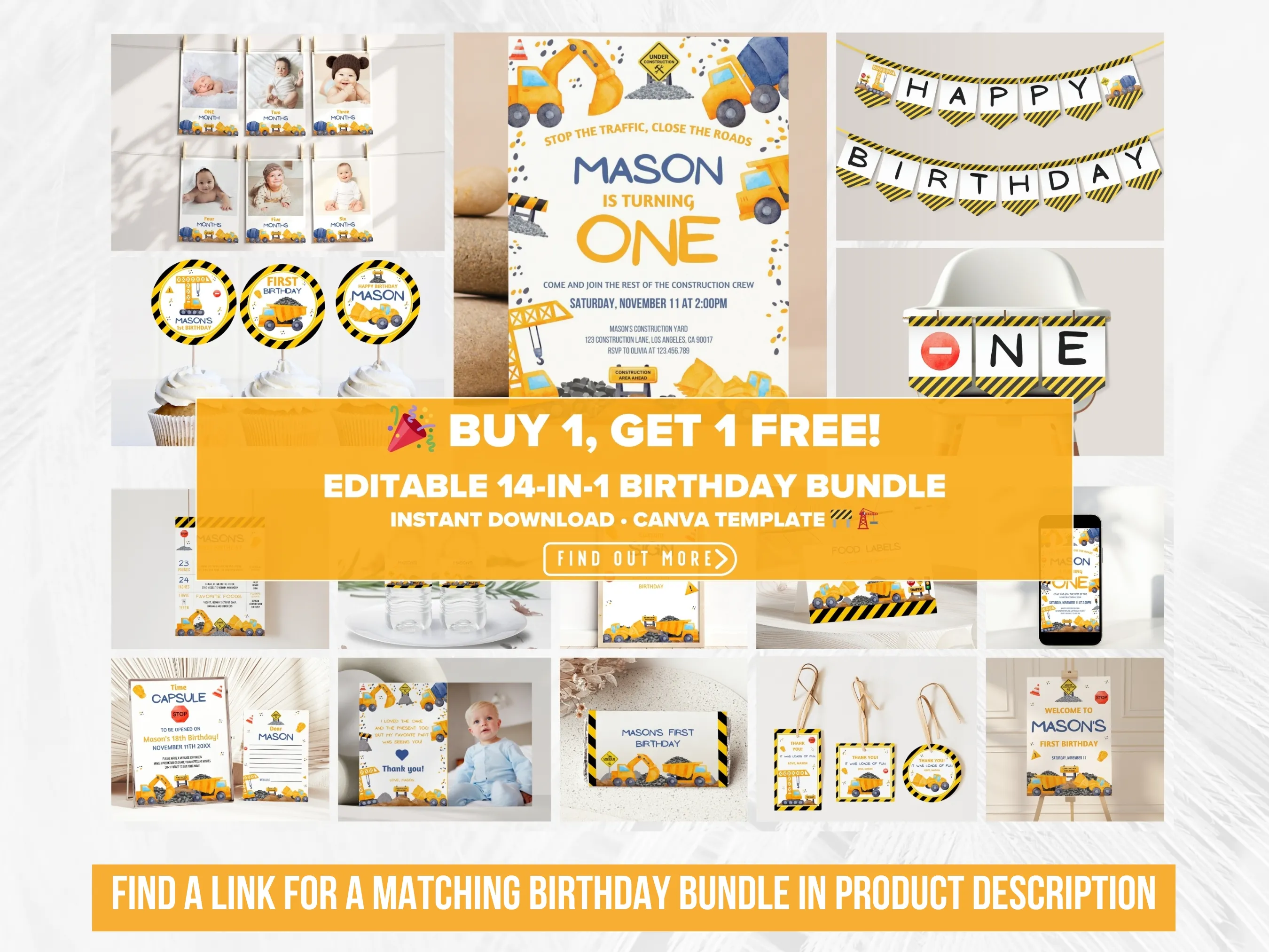Construction Birthday Mobile Invitation | Excavator & Dump Truck Evite | Editable Canva Template | Digital Download