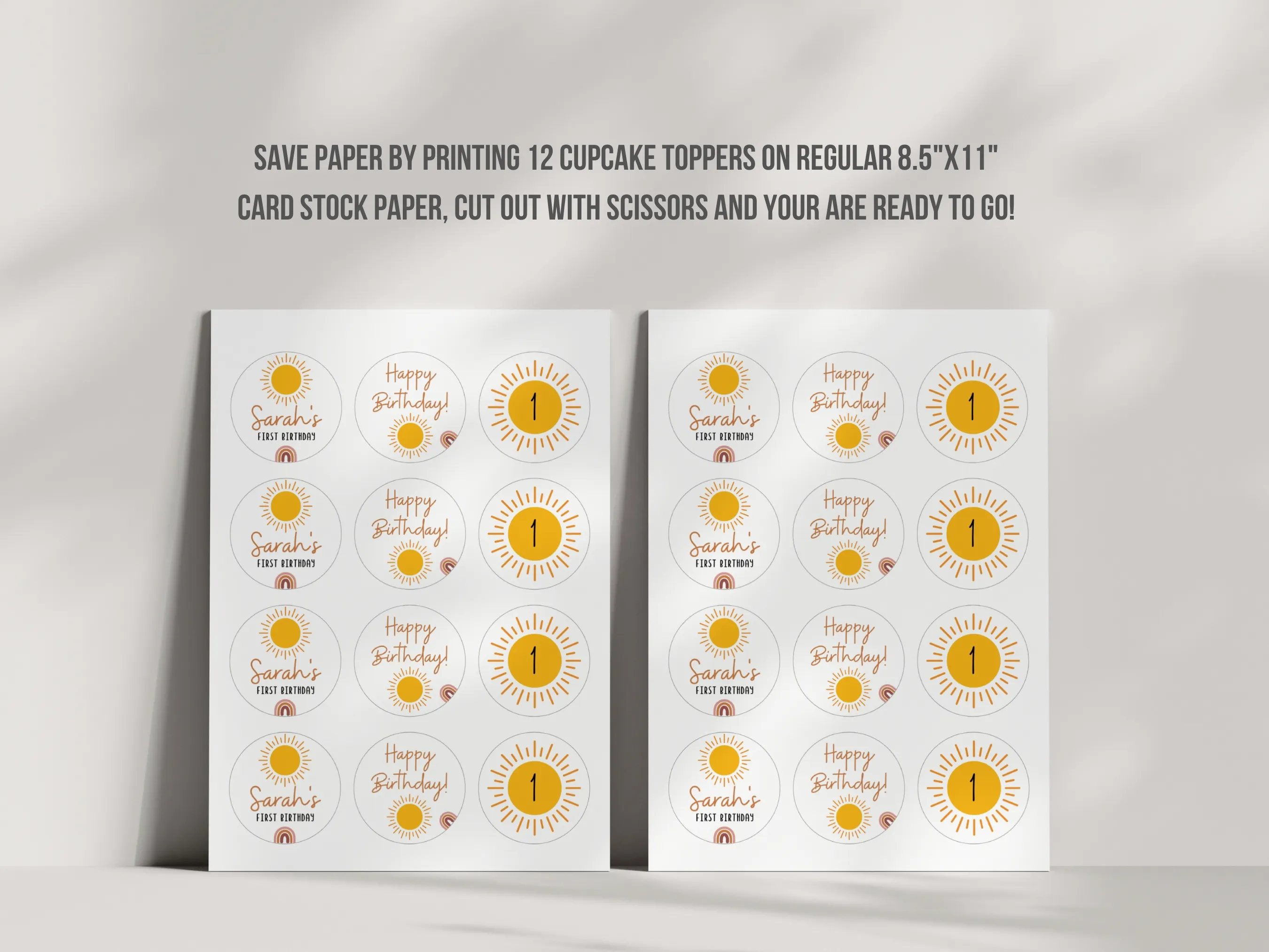 First Trip Around the Sun Cupcake Toppers | Sunshine “One” Cake Topper | Boho Sun 1st Birthday Girl Decorations | Editable Canva Template | Digital Download