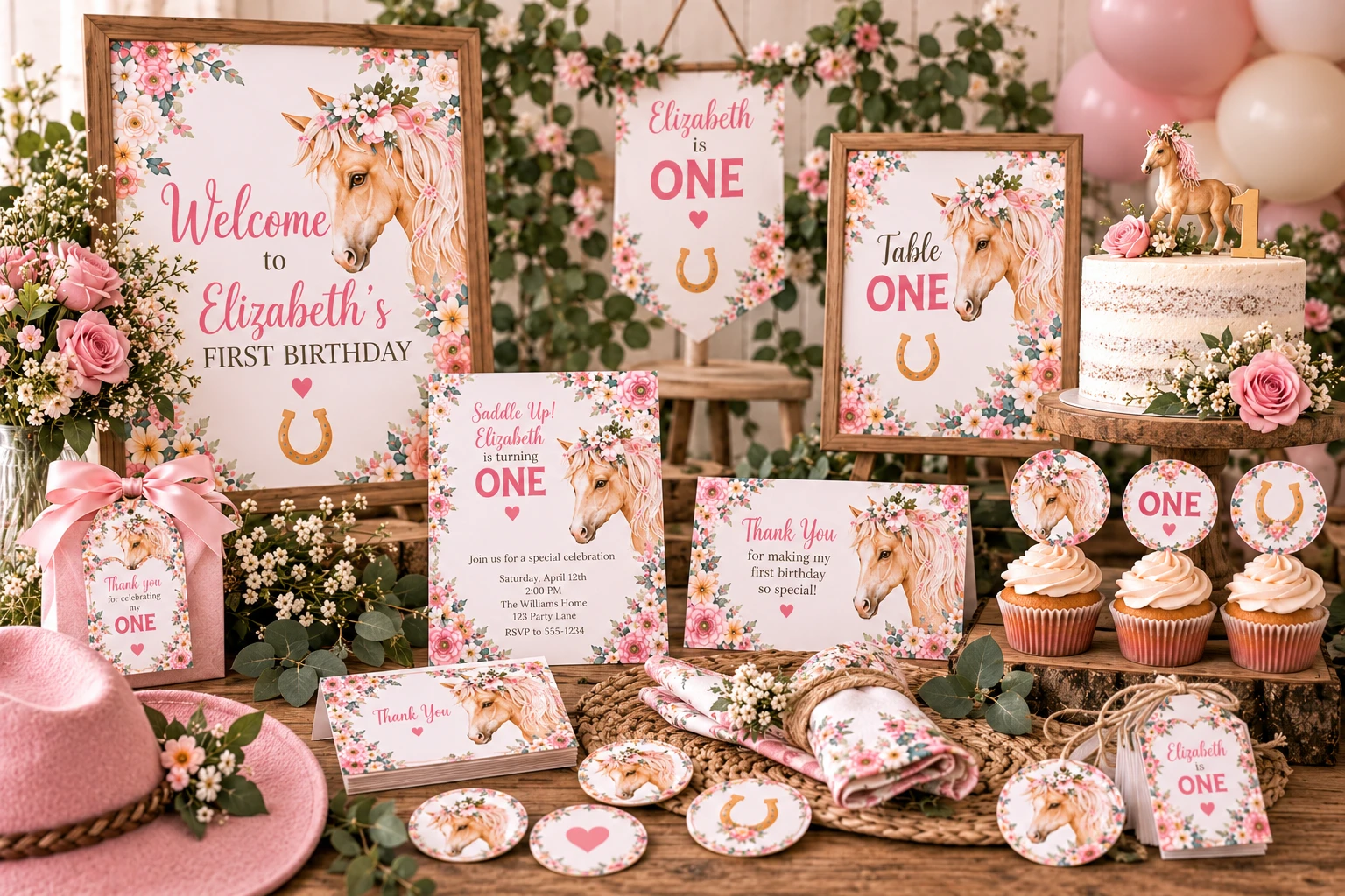 Coordinated floral horse first birthday design collection with invitations, welcome signs, cupcake toppers, labels, thank-you cards and matching decorations
