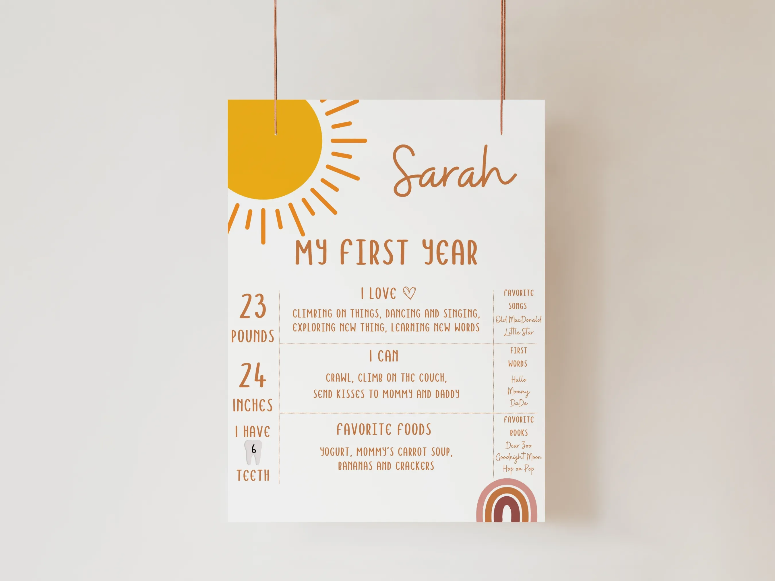 Sunshine birthday milestone board with boho style and First Trip Around The Sun theme for a first birthday, editable Canva template digital download by fllcdesigns