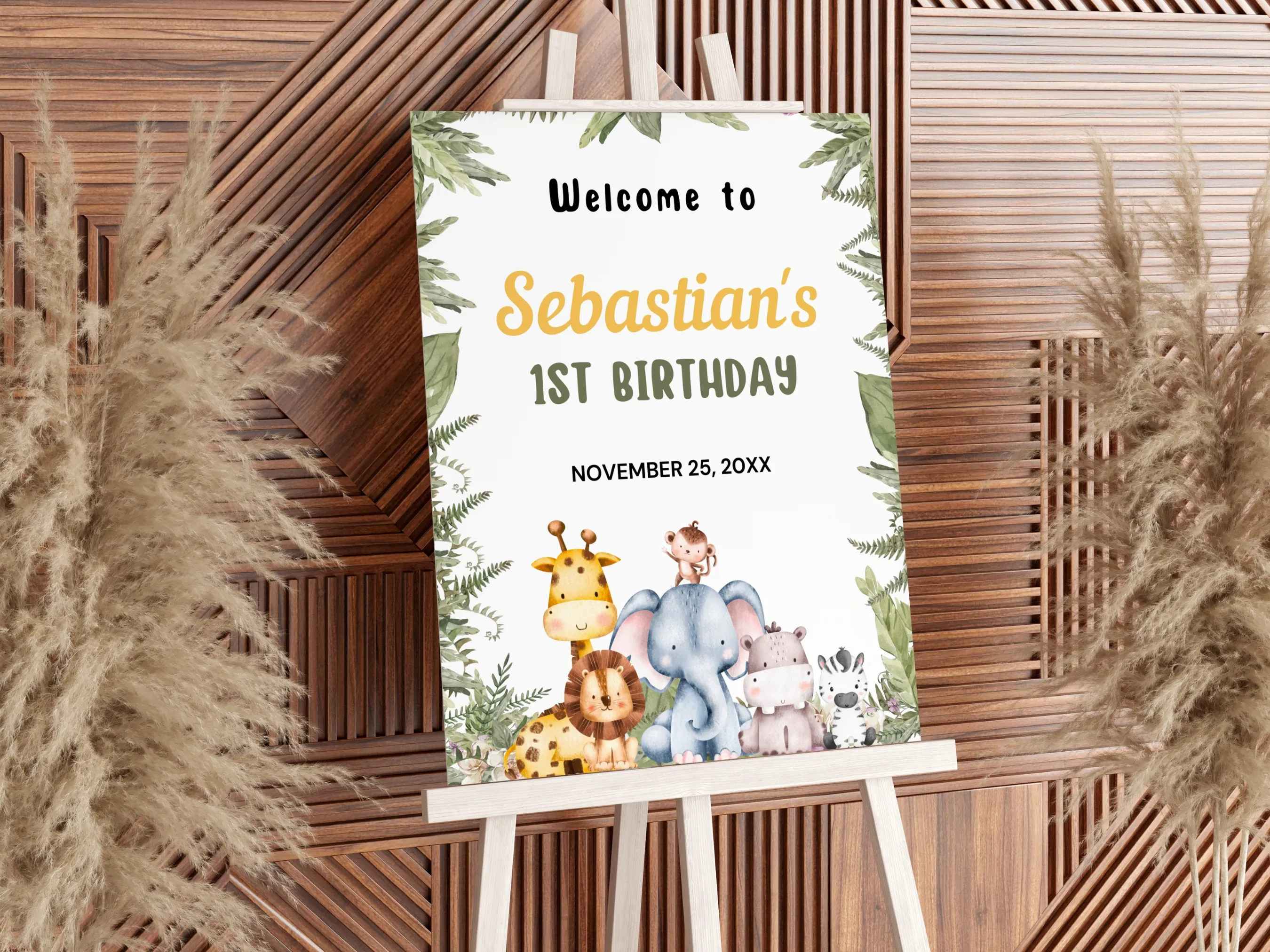 Wild One safari birthday welcome sign with jungle animals party welcome board, editable Canva template, digital download.