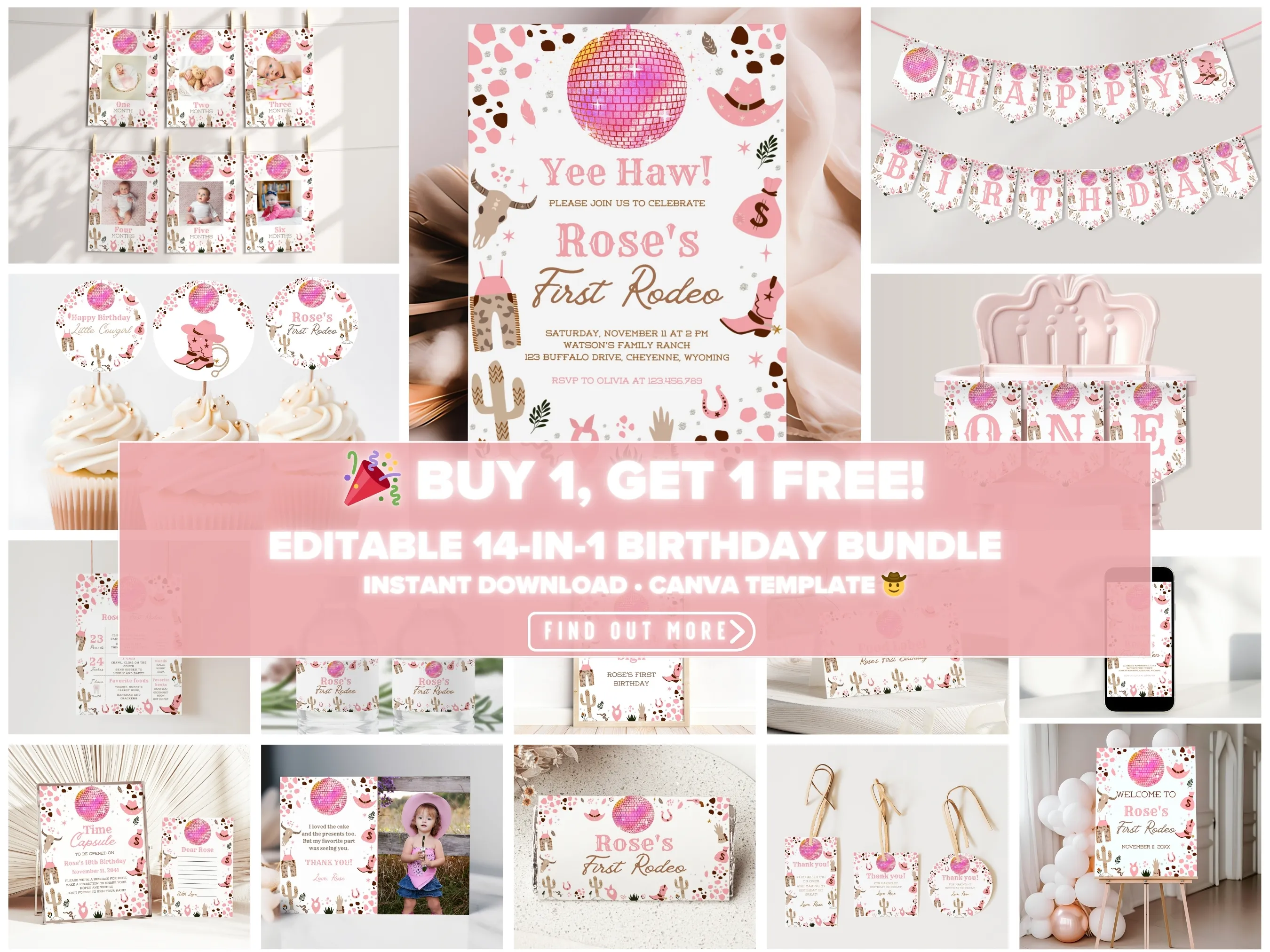 Disco Cowgirl first birthday bundle — My First Rodeo theme editable Canva templates for invitations, signs & party decorations (digital download)