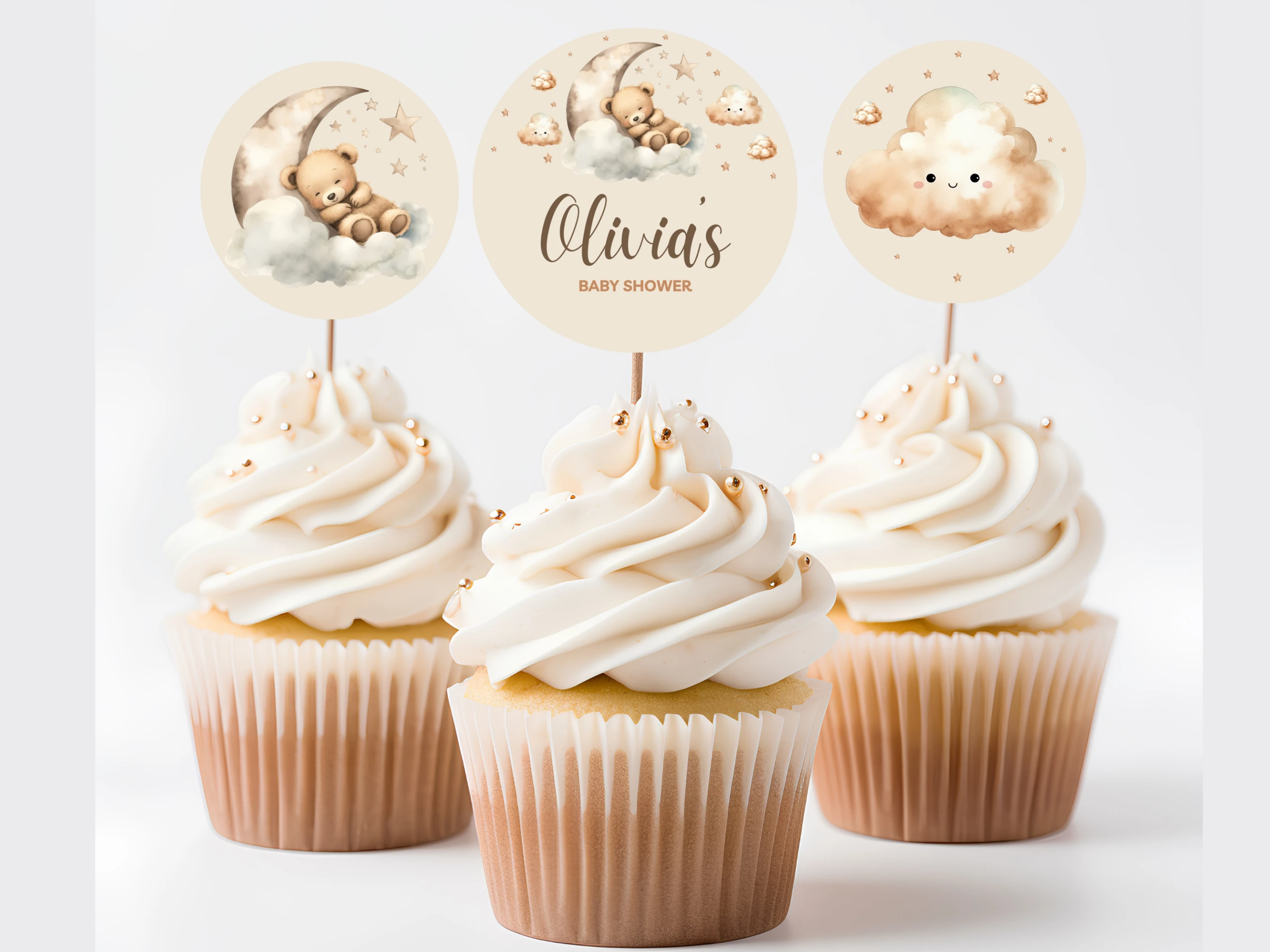 sleeping teddy bear baby shower cupcake toppers beige gold boho decor canva template digital download, over the moon teddy bear baby shower cupcake topper beige boho baby shower decorations canva template