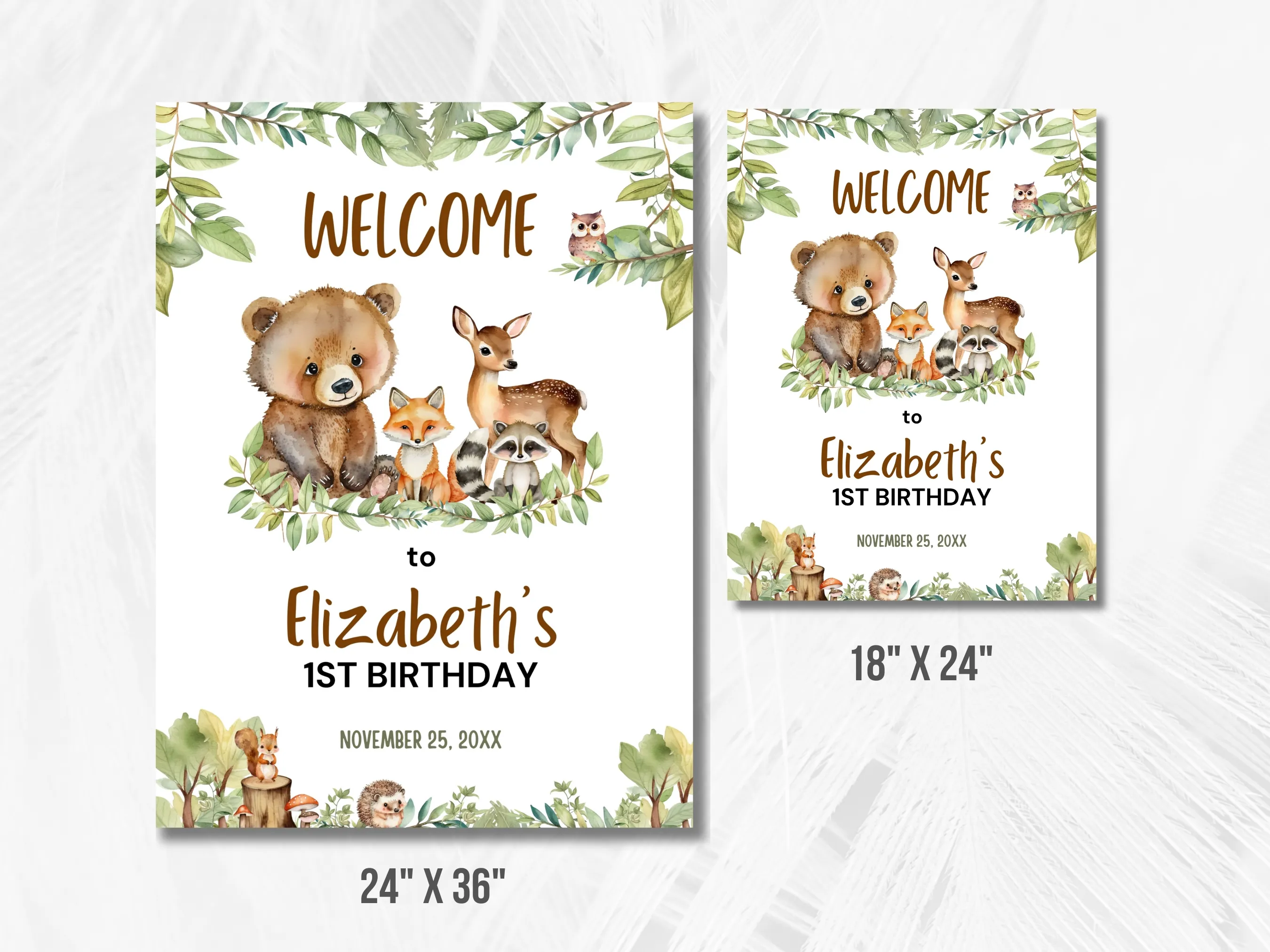Woodland Birthday Welcome Sign | Forest Animals Party Welcome Board | Wild One 1st Birthday Entrance Poster | Editable Canva Template | Digital Download