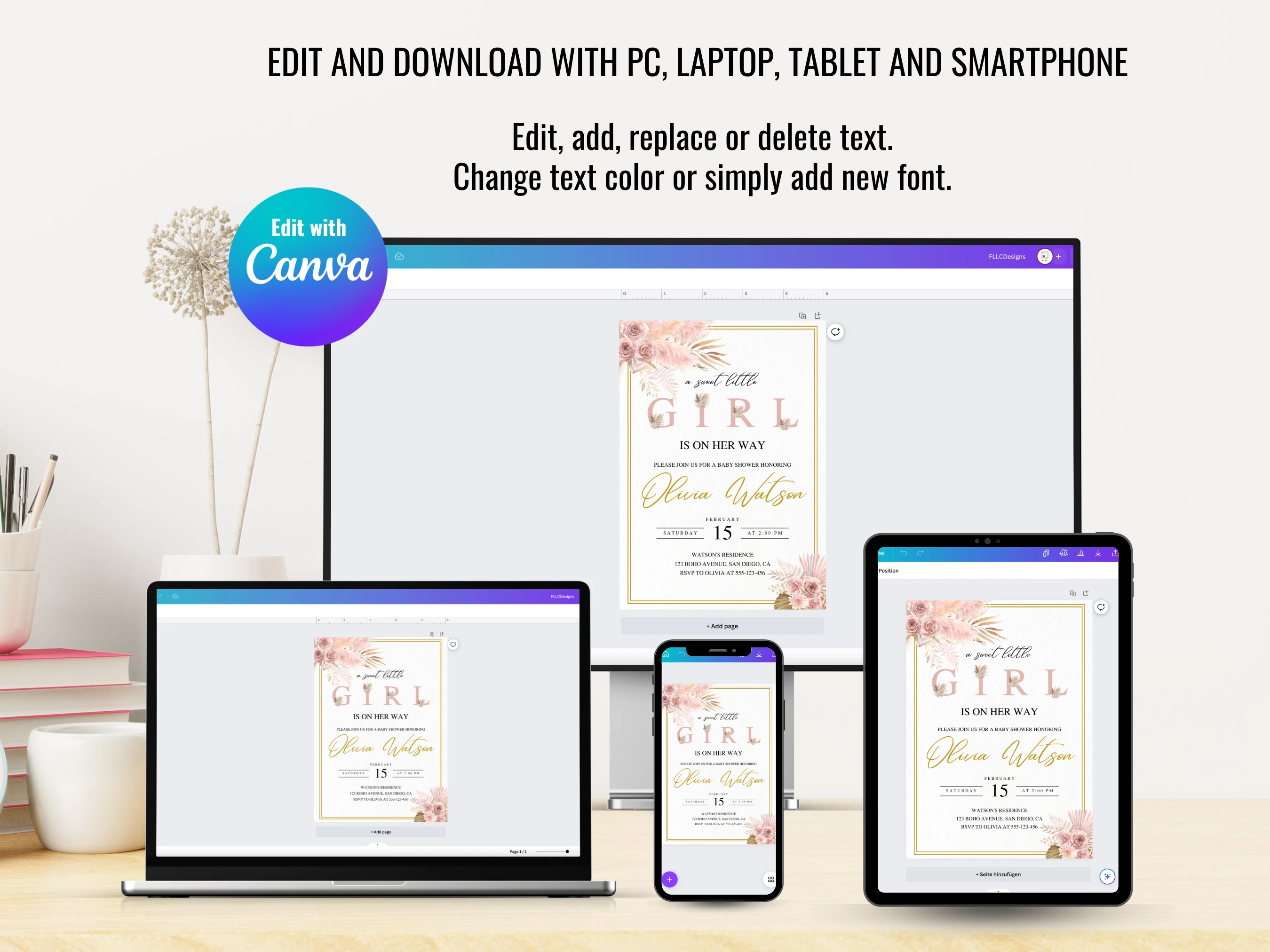 Boho Baby Shower Mobile Invitation | Pampas Grass Girl Baby Shower Digital Invite | Pink and Gold Baby Shower Party | Editable Canva Template | Digital Download