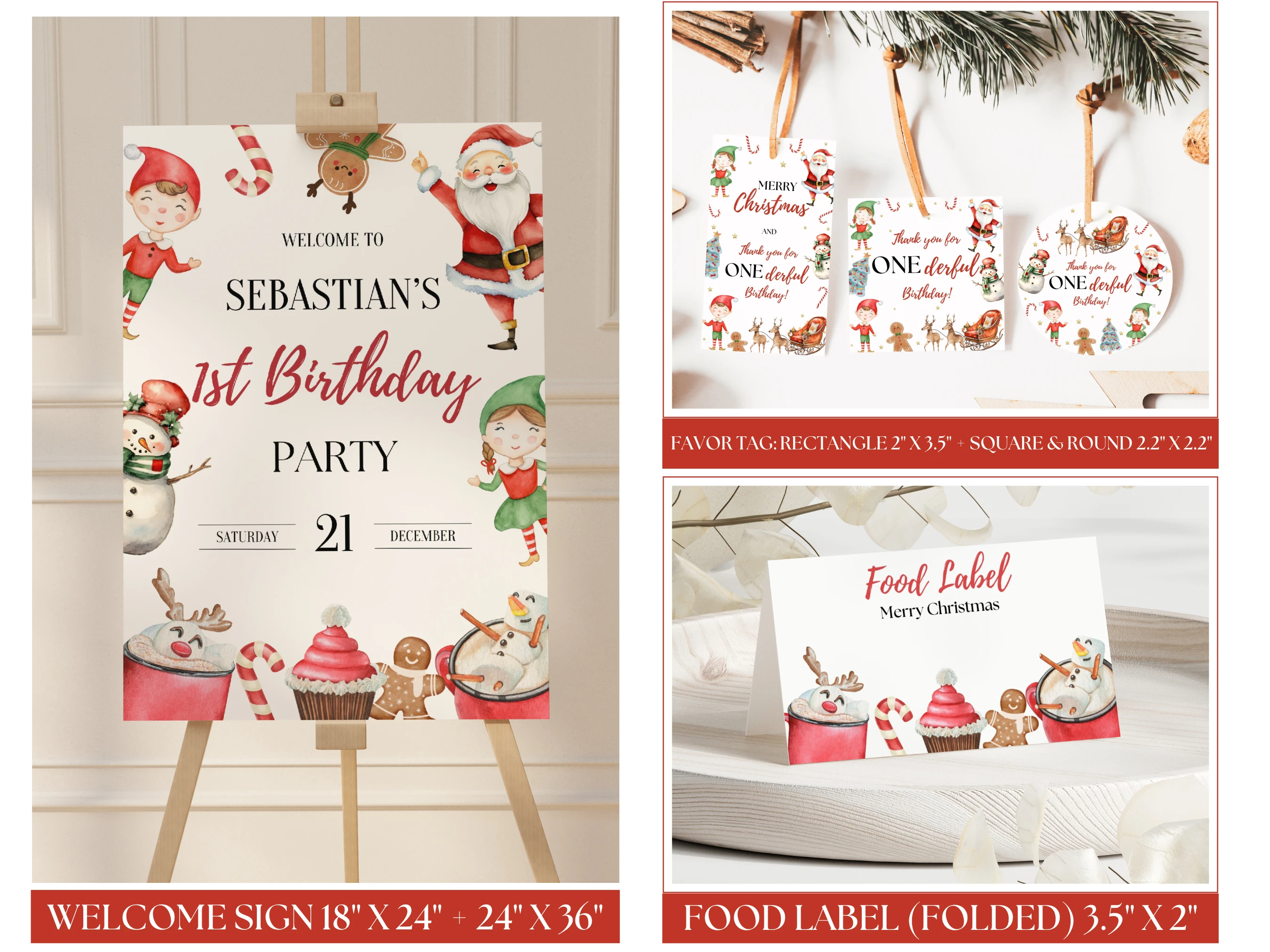Santa First Birthday Party Bundle | ONEderful Christmas Birthday Decor | Editable Canva Template | Digital Download