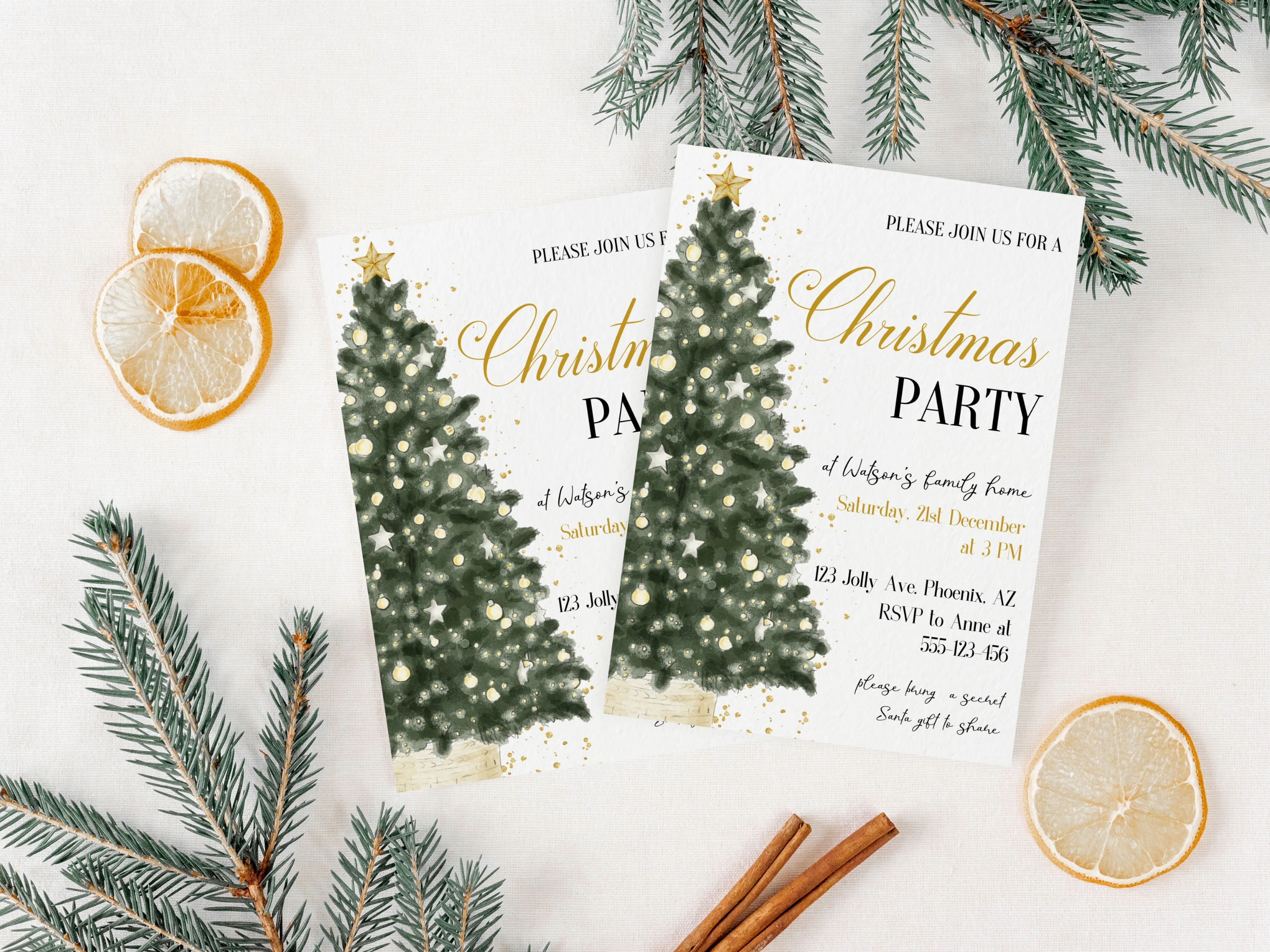 Green & Gold Christmas Tree Party Invitation | Festive Holiday Dinner Card | Editable Canva Template | Digital Download