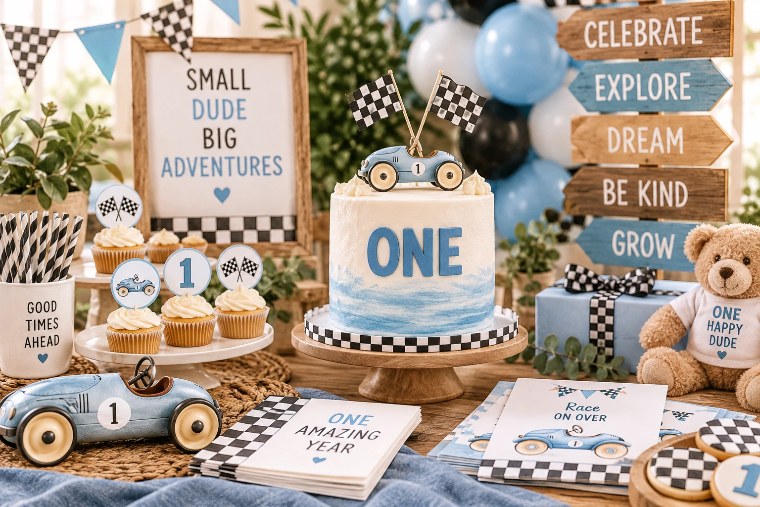 Fast One first birthday party setup with race car theme, checkered flags, coordinated decorations and first birthday celebration details
