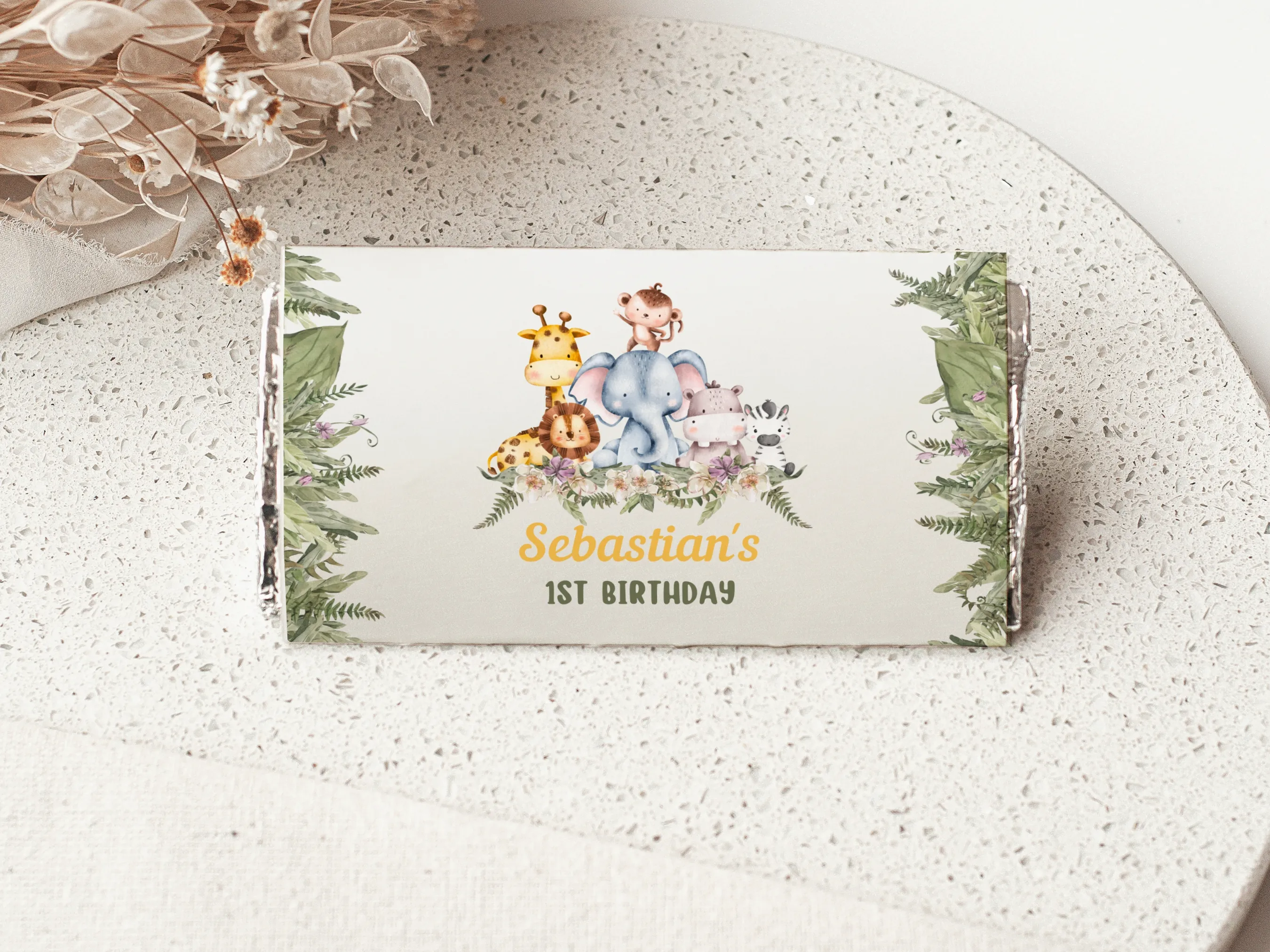 Safari animals birthday chocolate wrappers with jungle theme, Wild One candy bar labels, editable Canva template by fllcdesigns