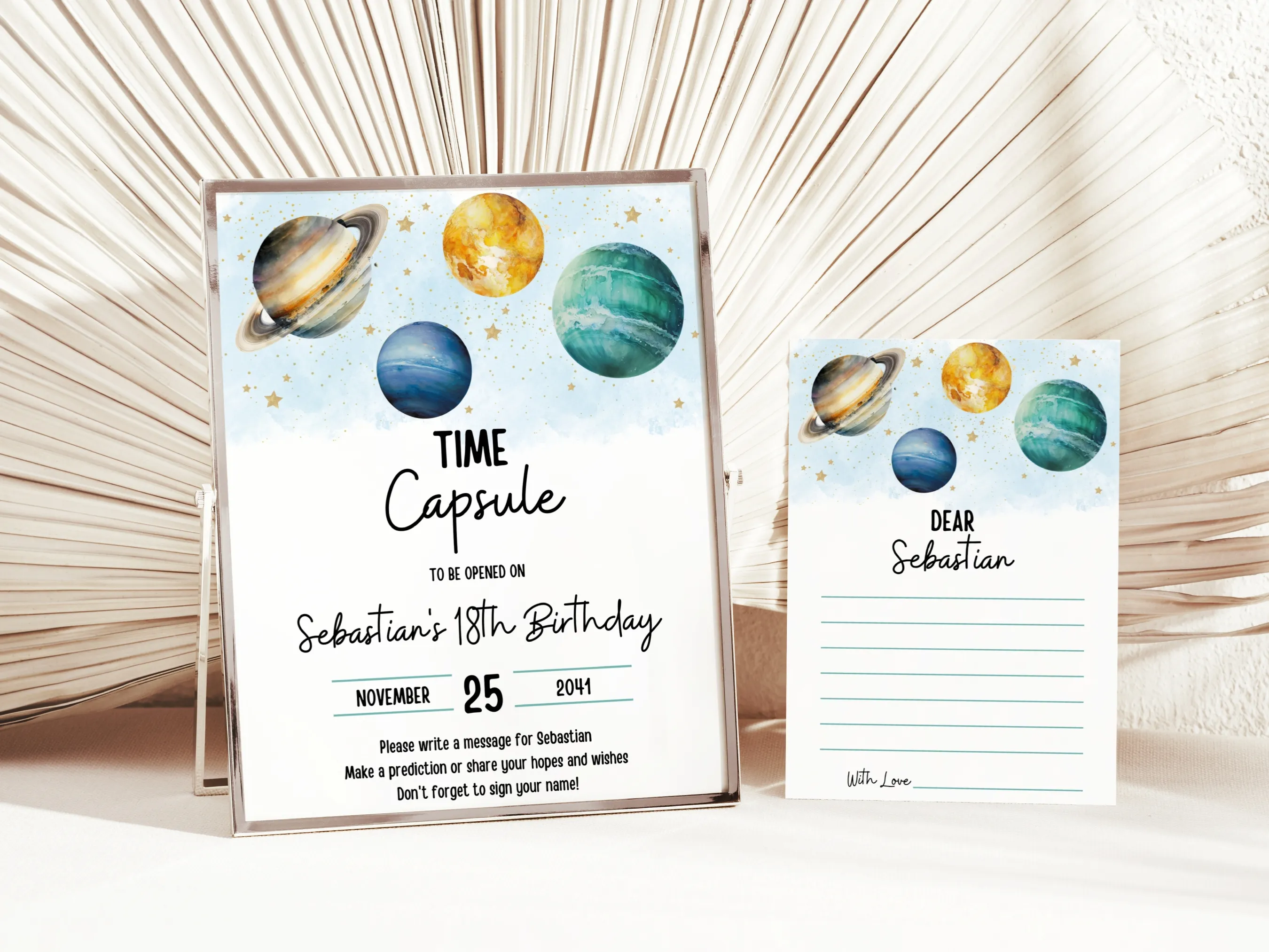 First Trip Around the Sun time capsule sign and message cards for outer space 1st birthday guest book, editable Canva template, digital download.