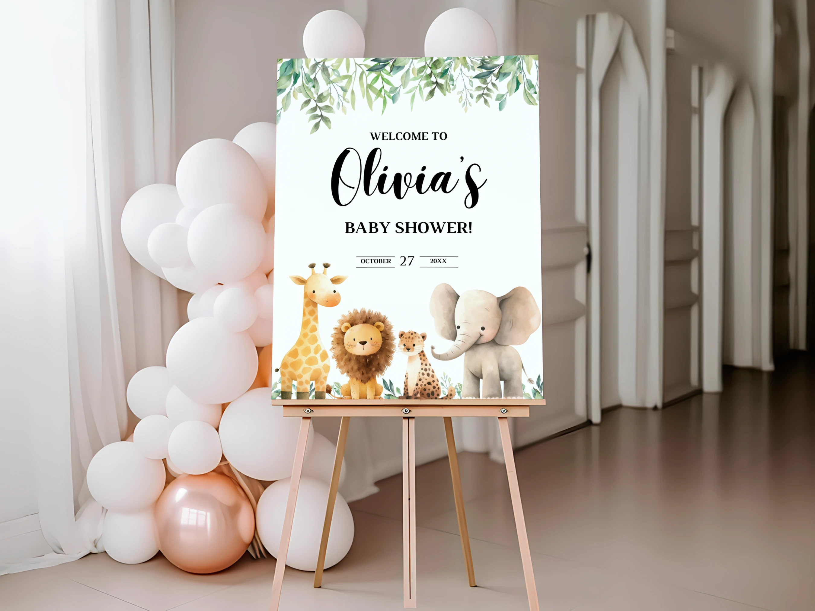safari baby shower welcome sign jungle animals wild one elephant giraffe lion board canva template digital download, jungle baby shower welcome board elephant giraffe lion decorations canva template