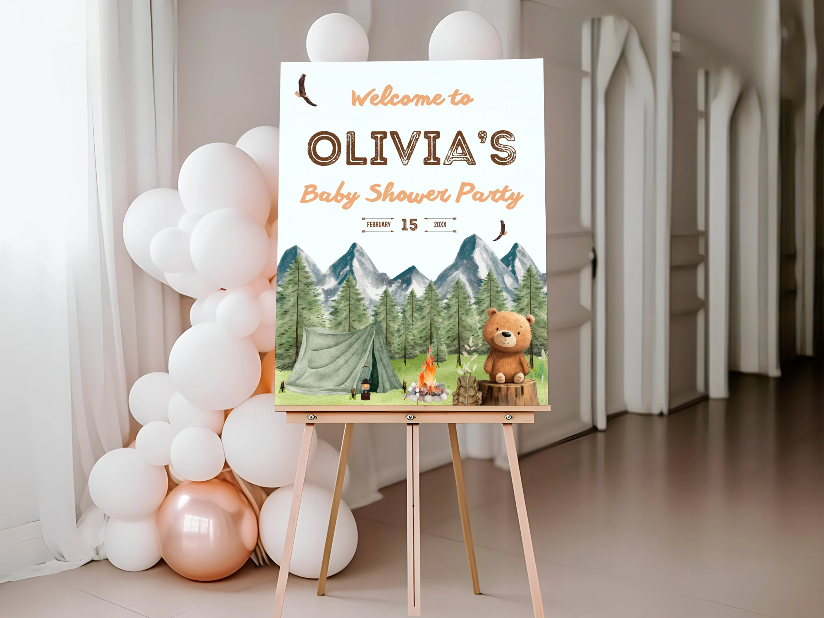 little camper baby shower welcome sign woodland forest mountain teddy bear board canva template digital download, woodland baby shower welcome board adventure awaits forest decorations canva template
