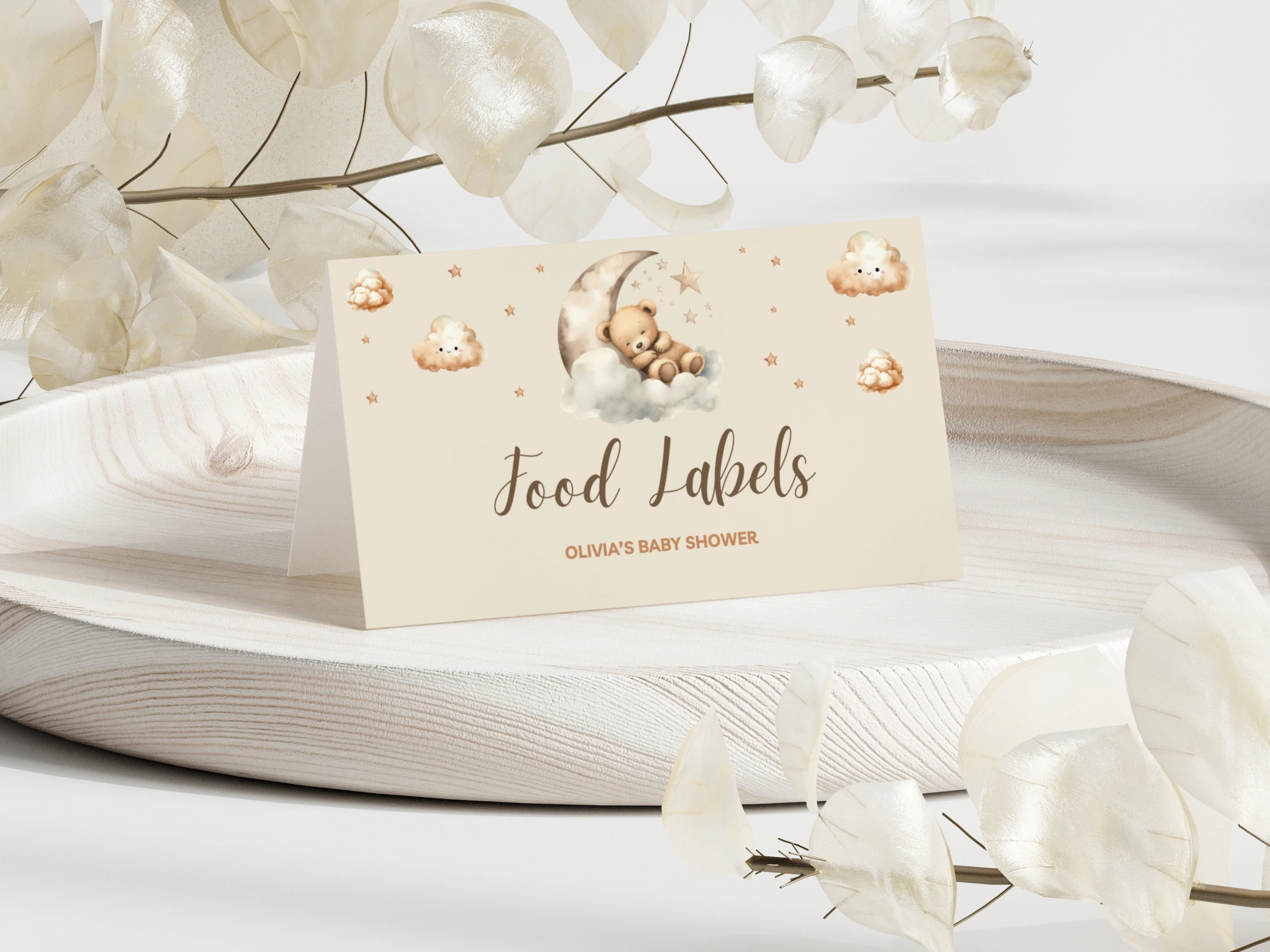 sleeping teddy bear baby shower place cards beige gold moon stars seating cards canva template digital download, teddy bear baby shower seating cards over the moon beige gold decorations canva template