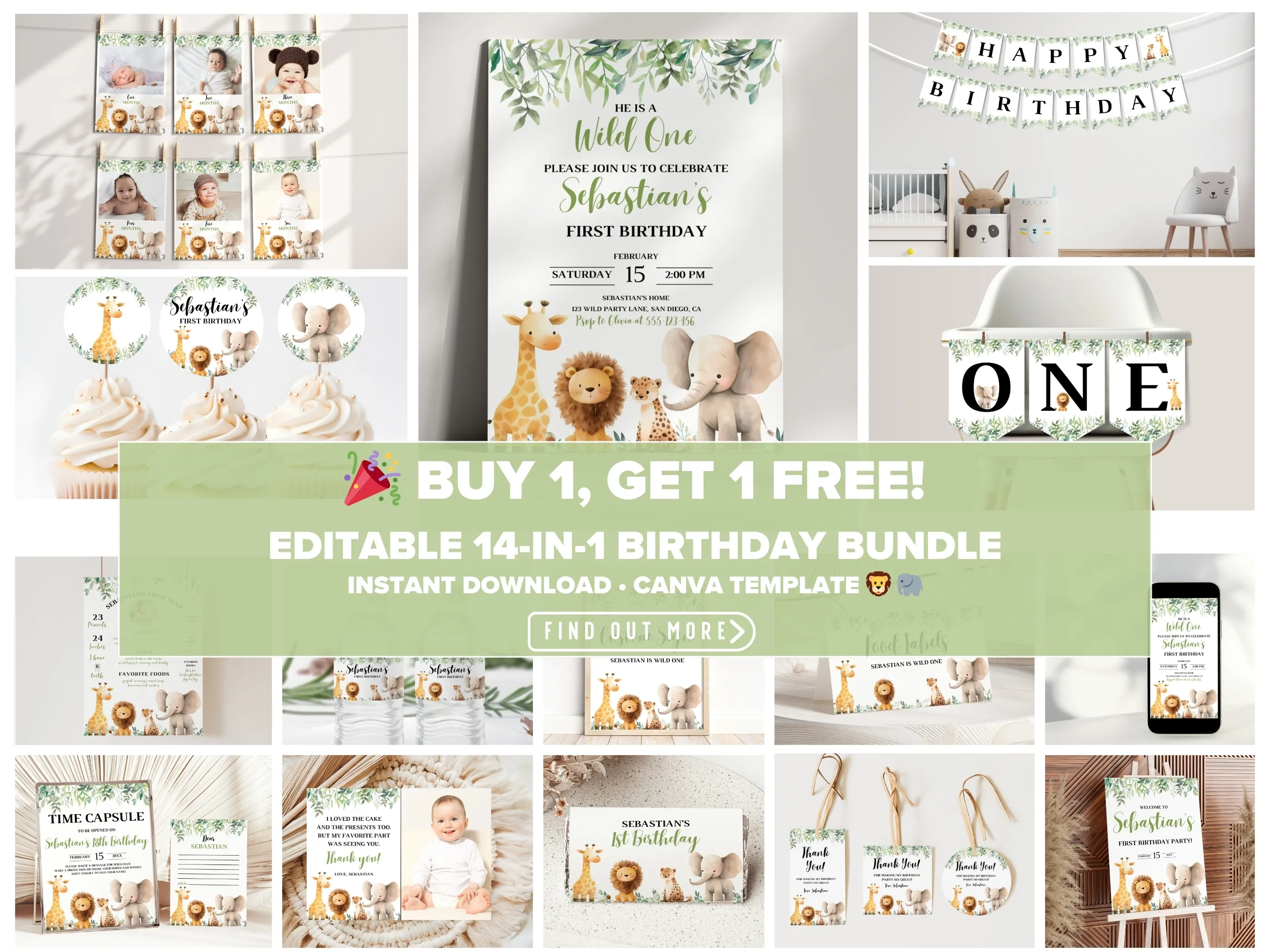 Wild One safari birthday bundle — jungle animal theme editable Canva templates for invitations, signs & party decorations (digital download)