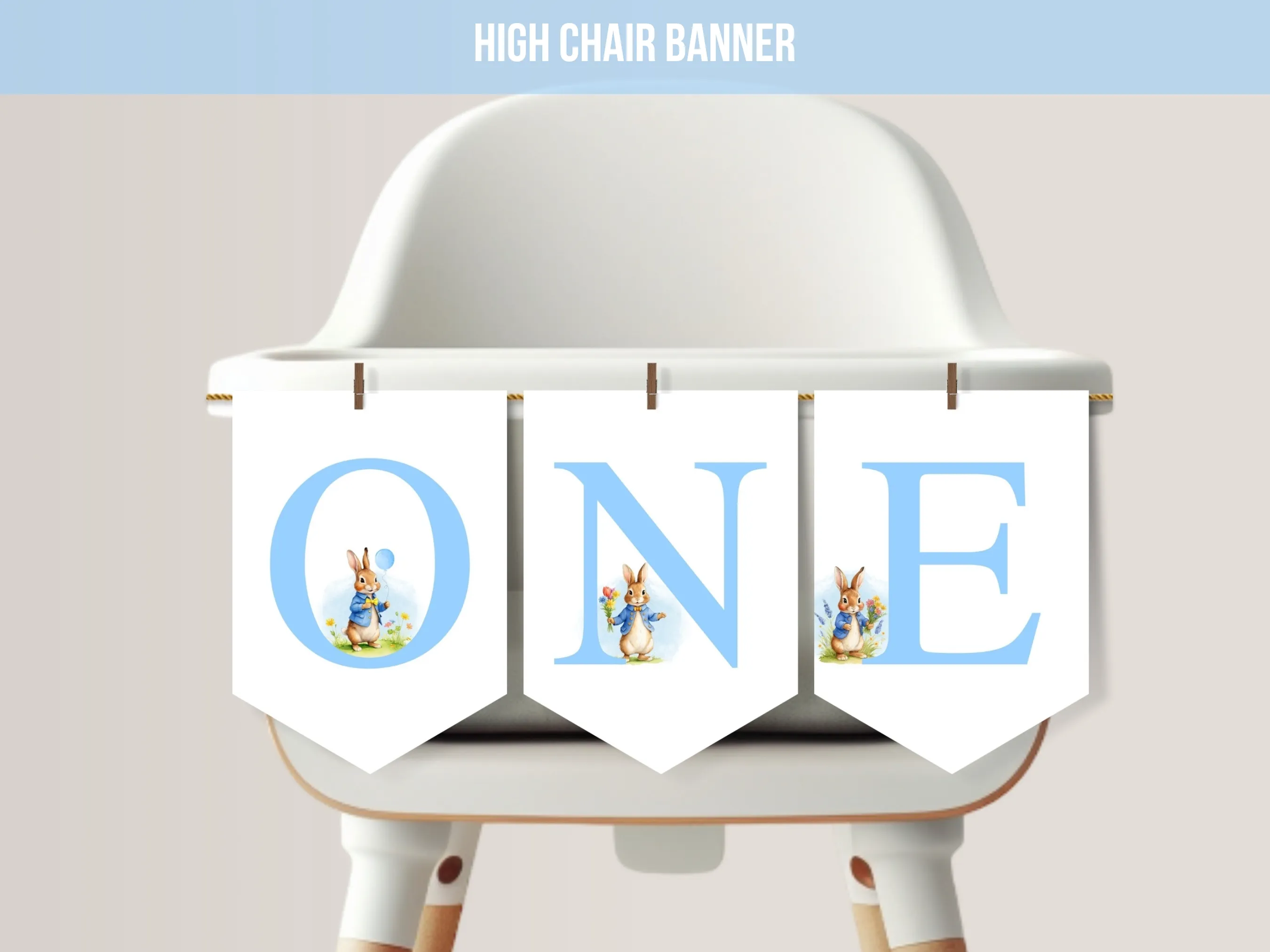 Peter Rabbit birthday high chair banner with Flopsy bunny design and ONE lettering, editable Canva template digital download by fllcdesigns