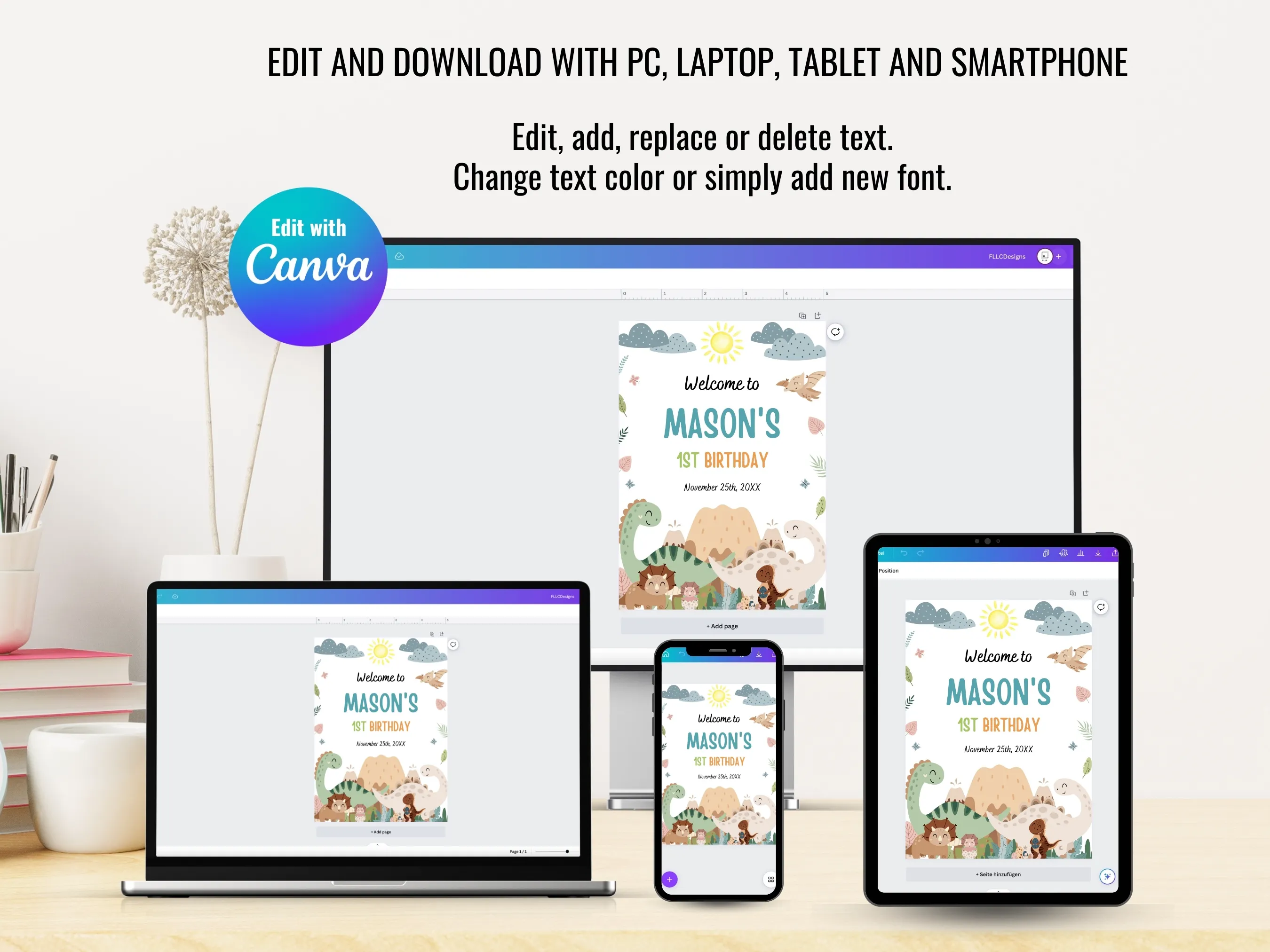 Baby Dinosaur 1st Birthday Welcome Sign | Boy Dino Party Welcome Board | Jurassic Birthday Entrance Poster | Editable Canva Template | Digital Download