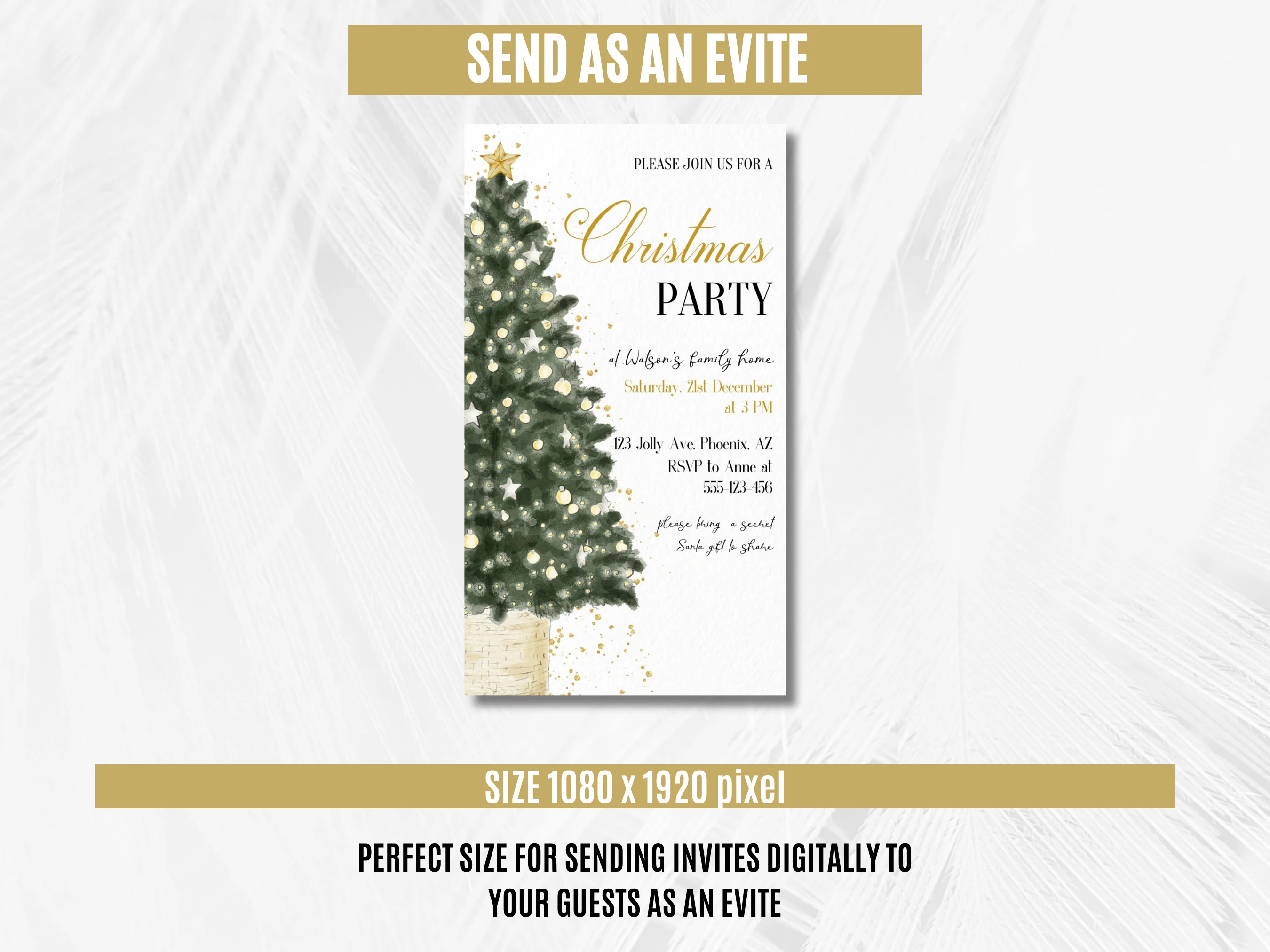 Green & Gold Christmas Tree Mobile Invitation | Holiday Party Evite | Editable Canva Template | Digital Download