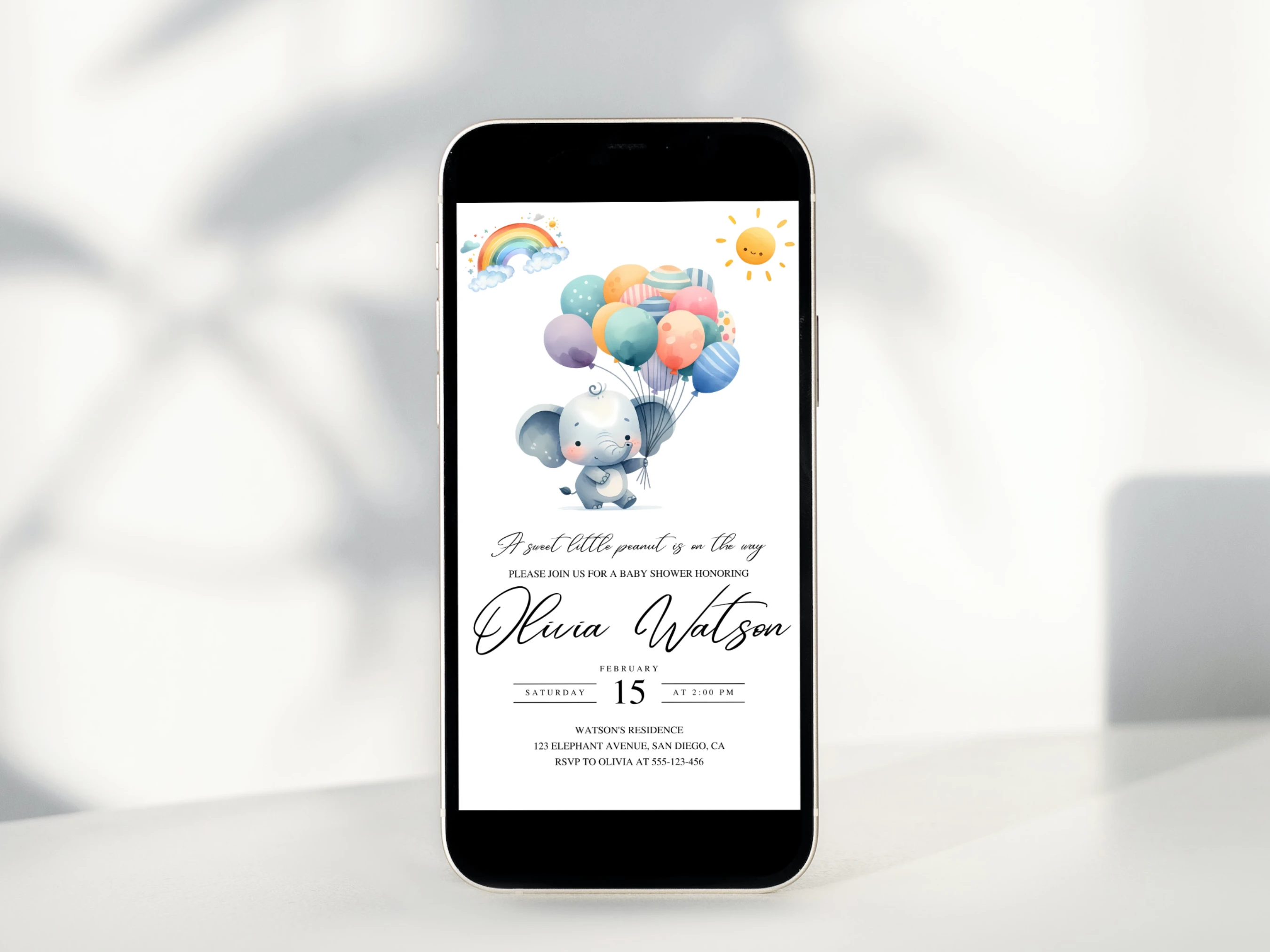 ittle peanut elephant baby shower mobile invitation, elephant baby shower digital invite, boho balloons baby shower invitation template, printable baby shower invite, editable baby shower invitation Canva