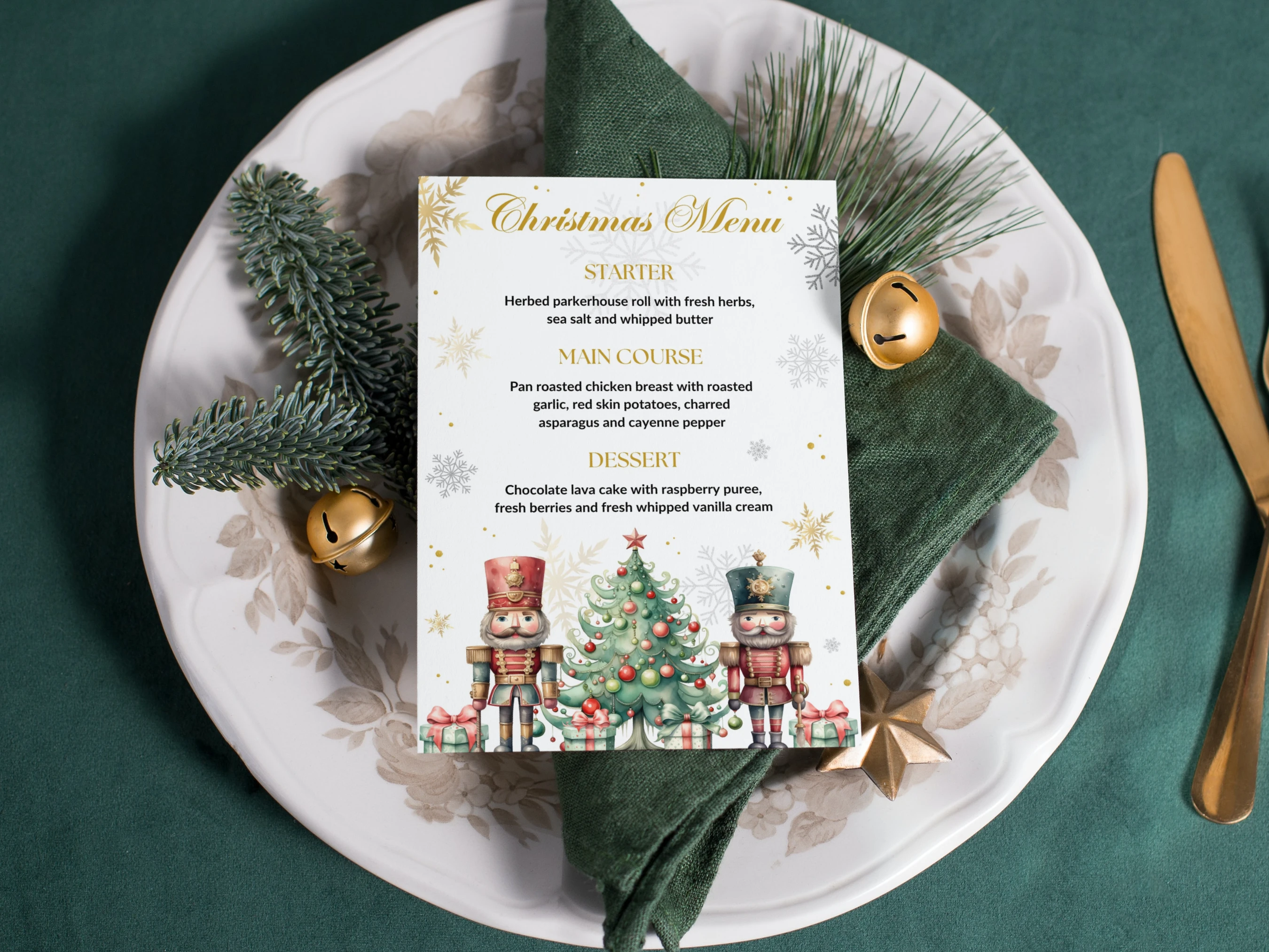 Nutcracker Christmas dinner menu template with festive holiday design, editable 5 × 7 inch Canva menu card for Christmas dinner table decor
