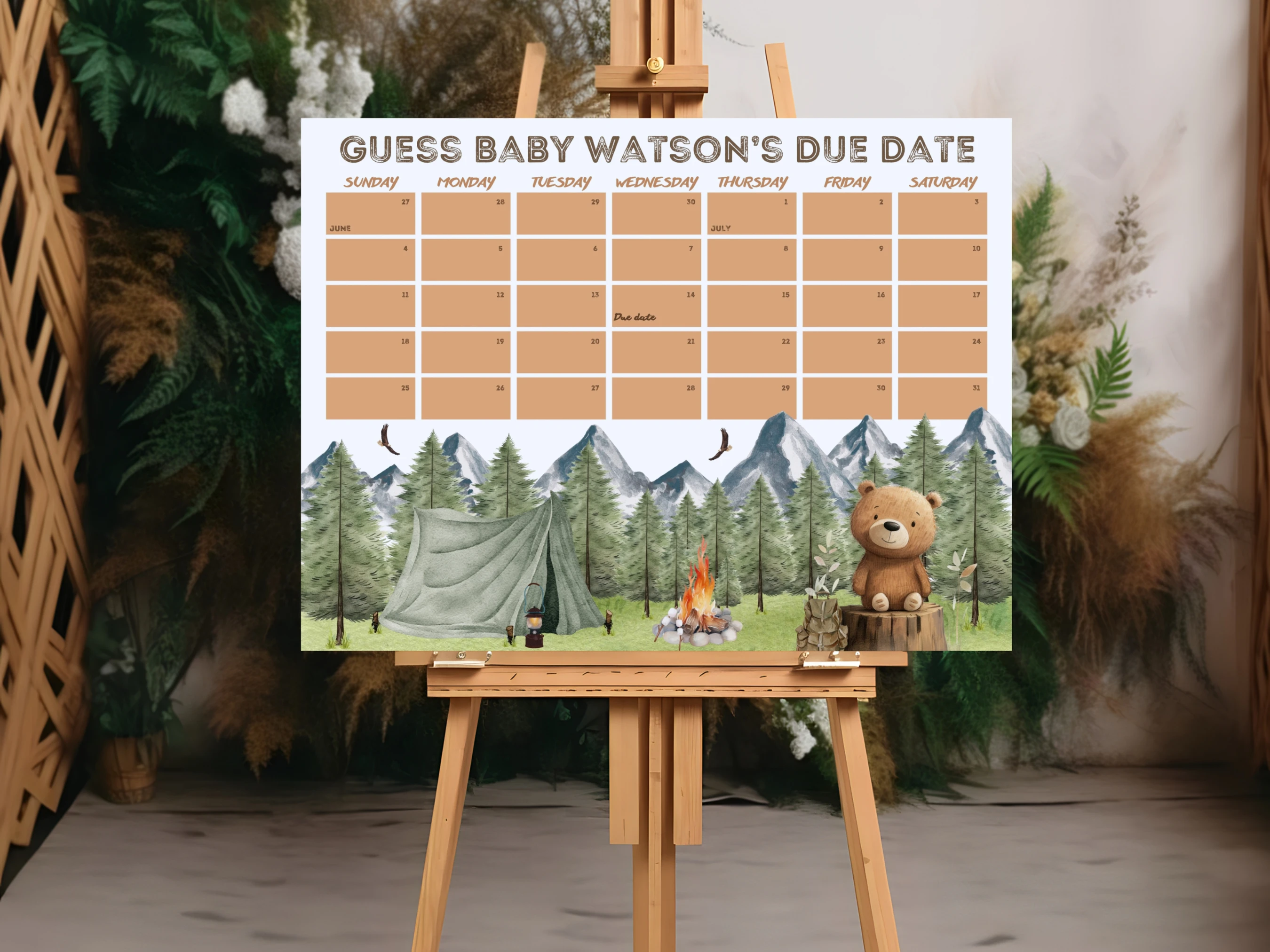Little Camper Baby Due Date Calendar | Woodland Prediction Game | Adventure Awaits Guess The Birthday For Baby Boy | Editable Canva Template | Digital Download