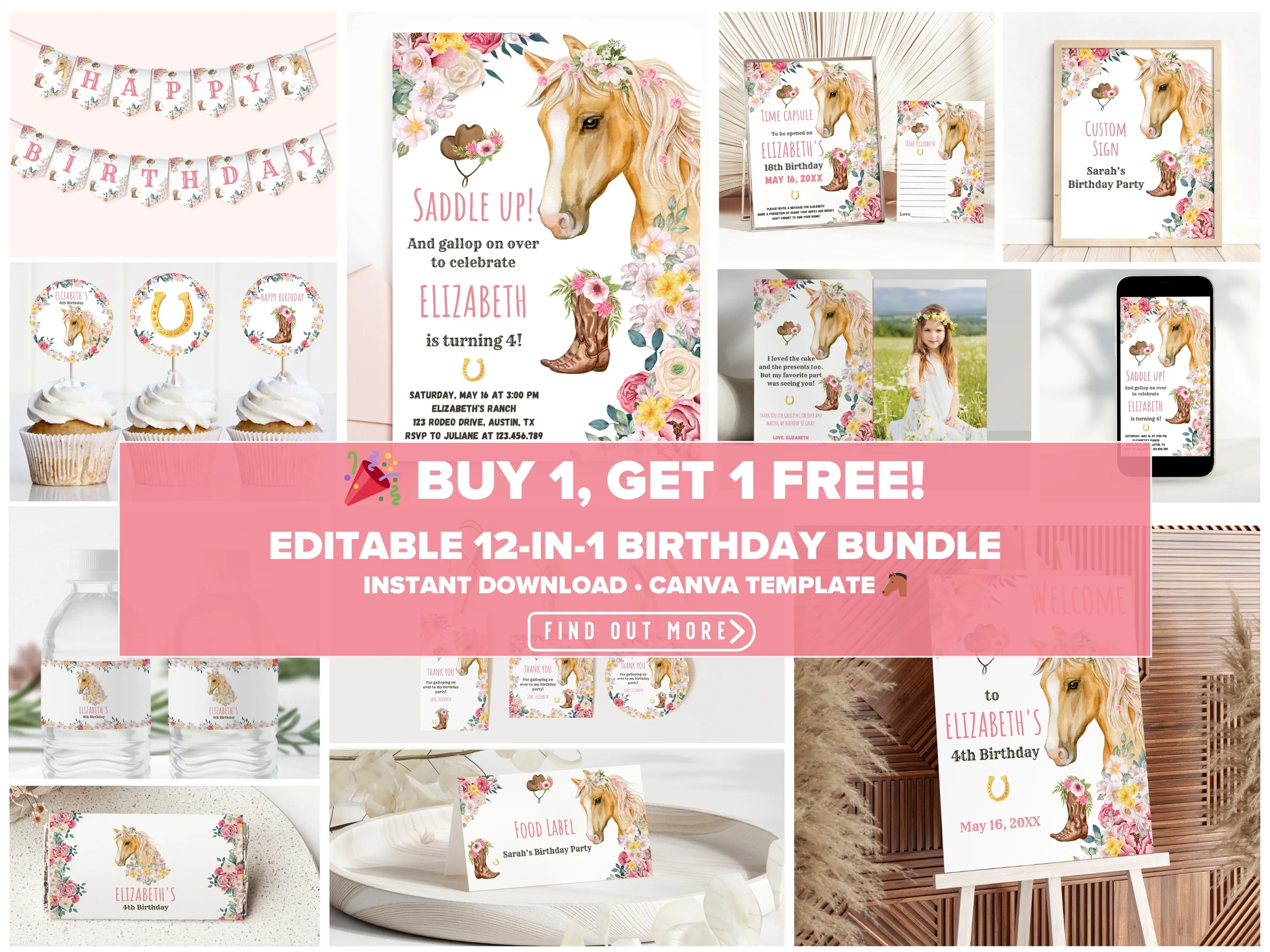 Horse birthday theme editable Canva templates digital download by fllcdesigns